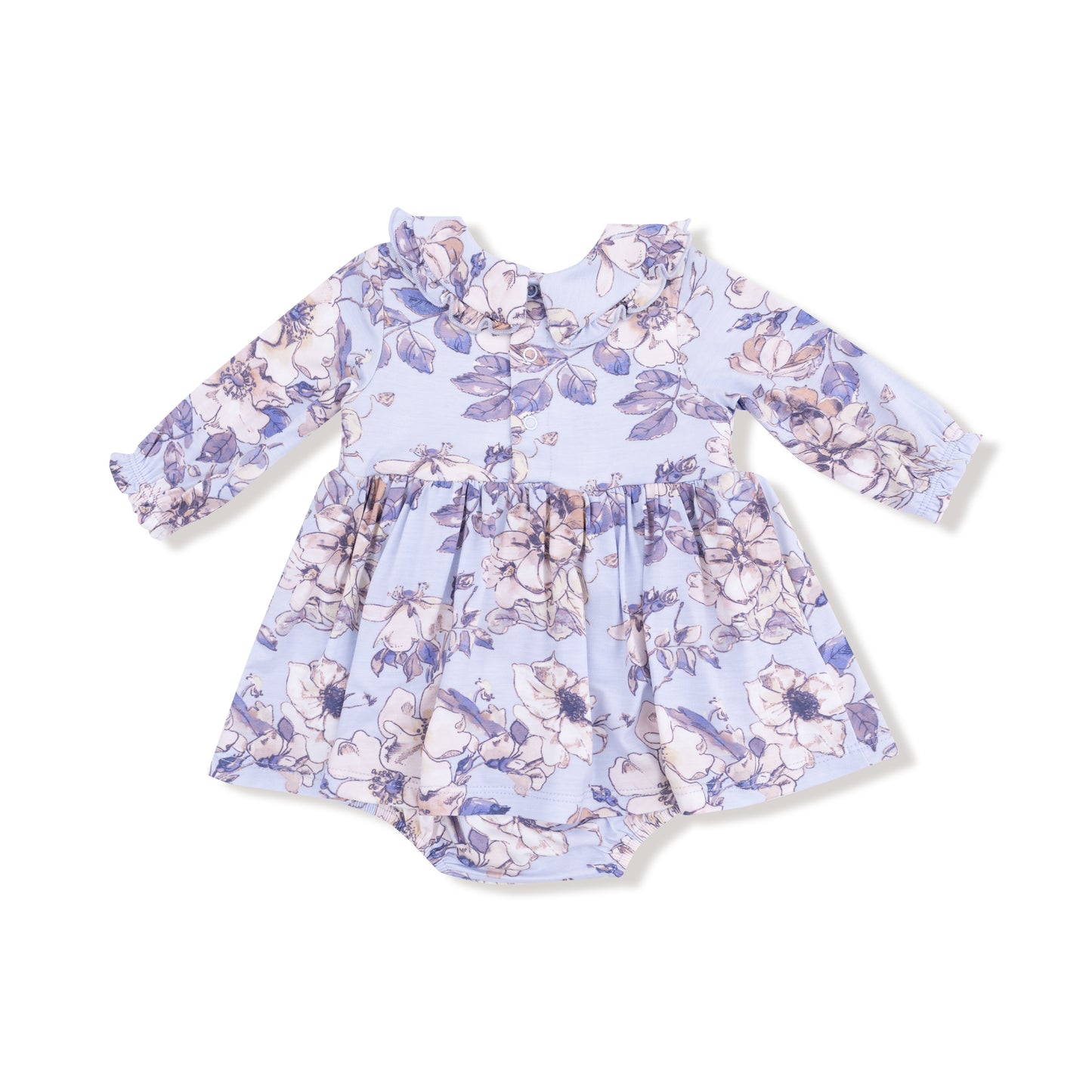 Long Sleeve Peter Pan Ruffle Collar Bubble with Skirt in our  Woodrose - Peri print from Angel Dear