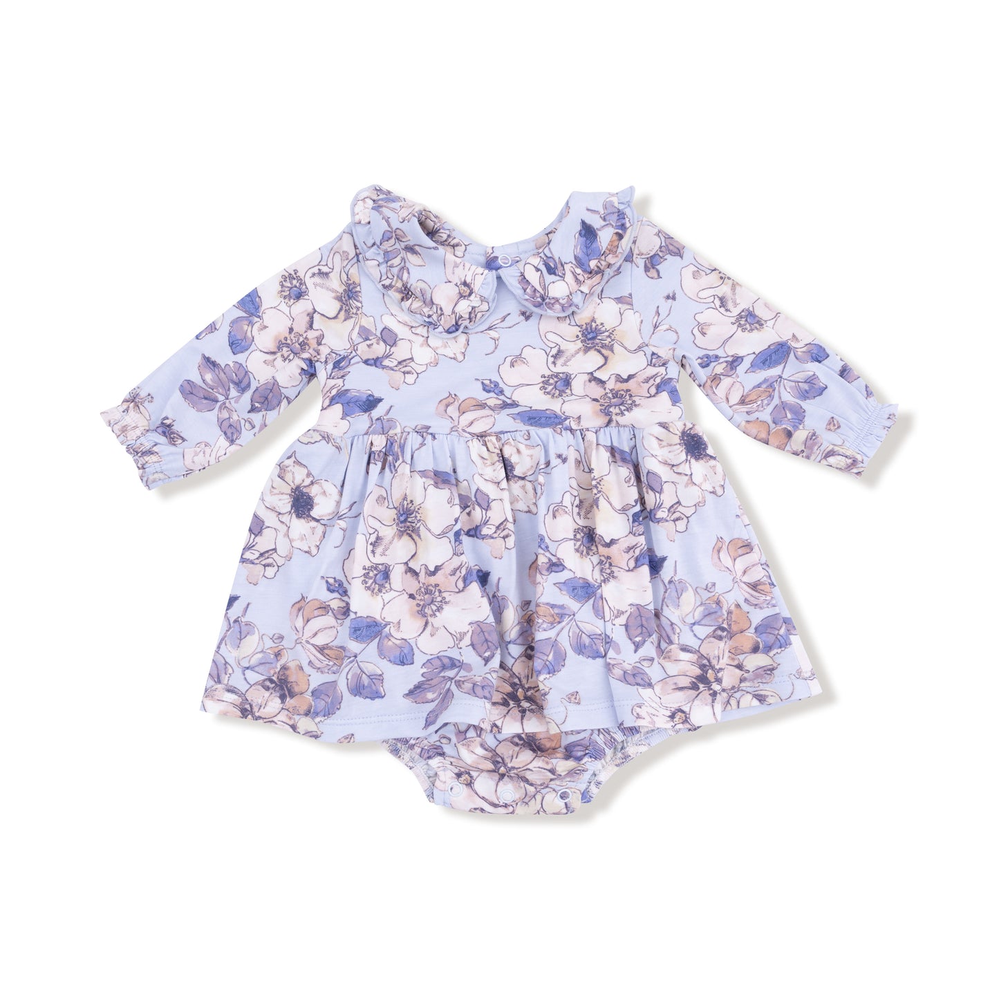 Long Sleeve Peter Pan Ruffle Collar Bubble with Skirt in our  Woodrose - Peri print from Angel Dear
