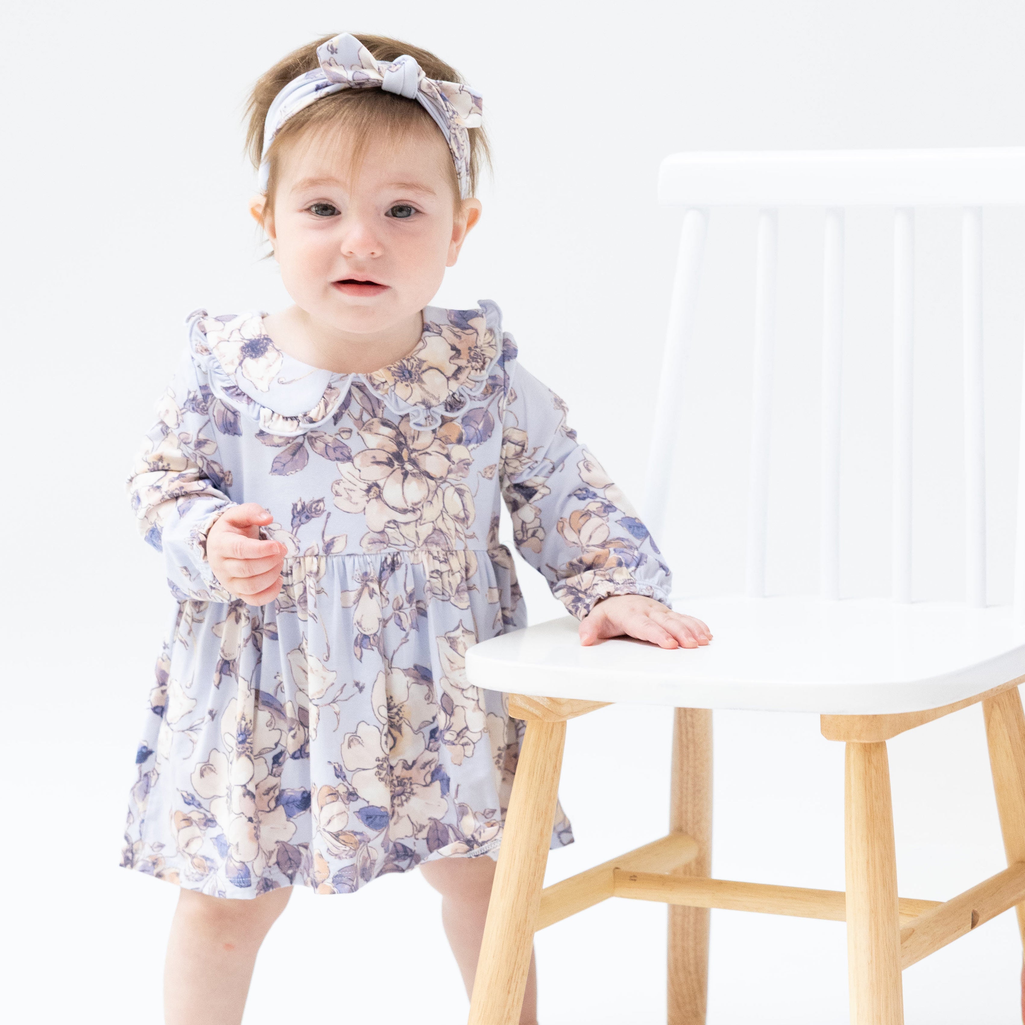 Long Sleeve Peter Pan Ruffle Collar Bubble with Skirt in our  Woodrose - Peri print from Angel Dear
