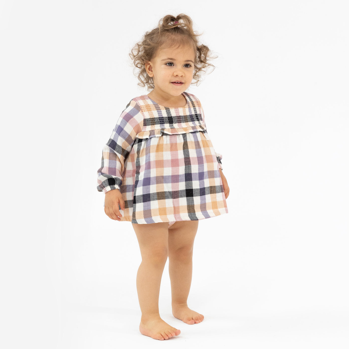 L/S Smocked Ruffle Bubble W/ Skirt - Harvest Plaid-Angel Dear