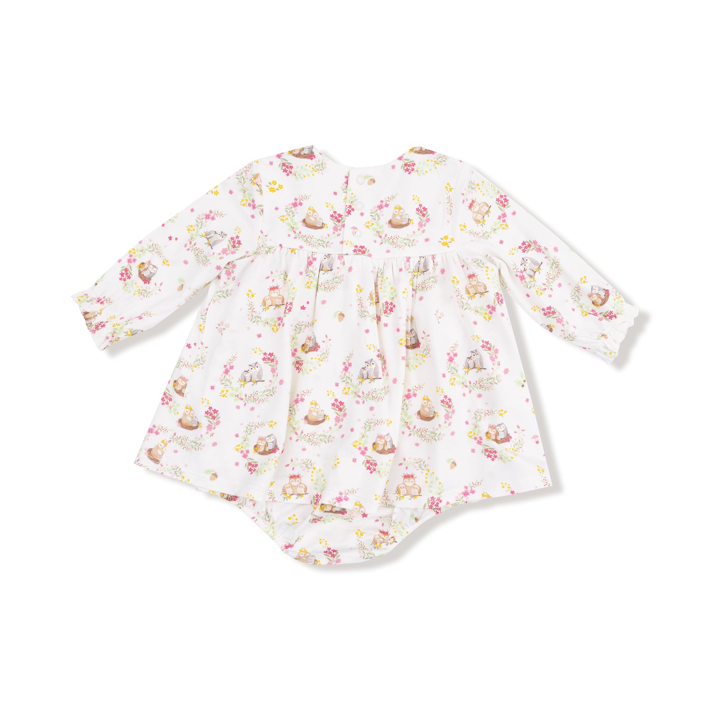 Long Sleeve Smocked Ruffle Bubble with Skirt in our  Floral Owl Families print from Angel Dear