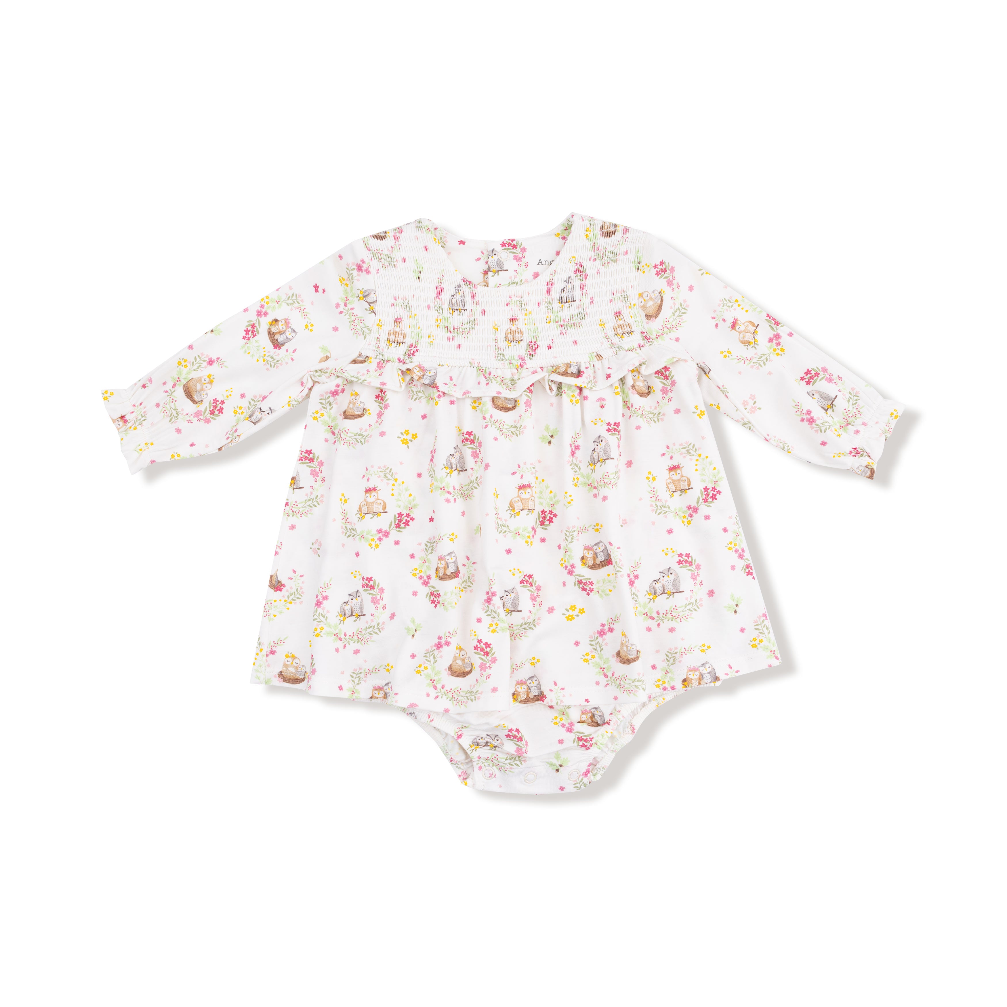 Long Sleeve Smocked Ruffle Bubble with Skirt in our  Floral Owl Families print from Angel Dear