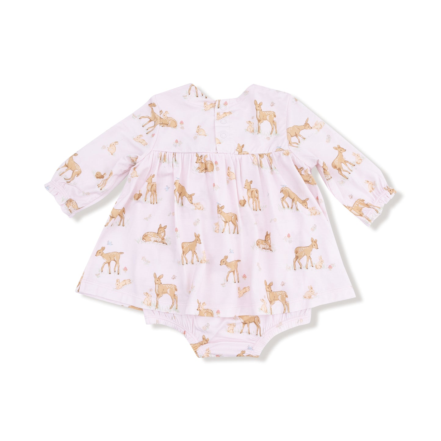 Long Sleeve Smocked Ruffle Bubble with Skirt in our  Little Fawn print from Angel Dear