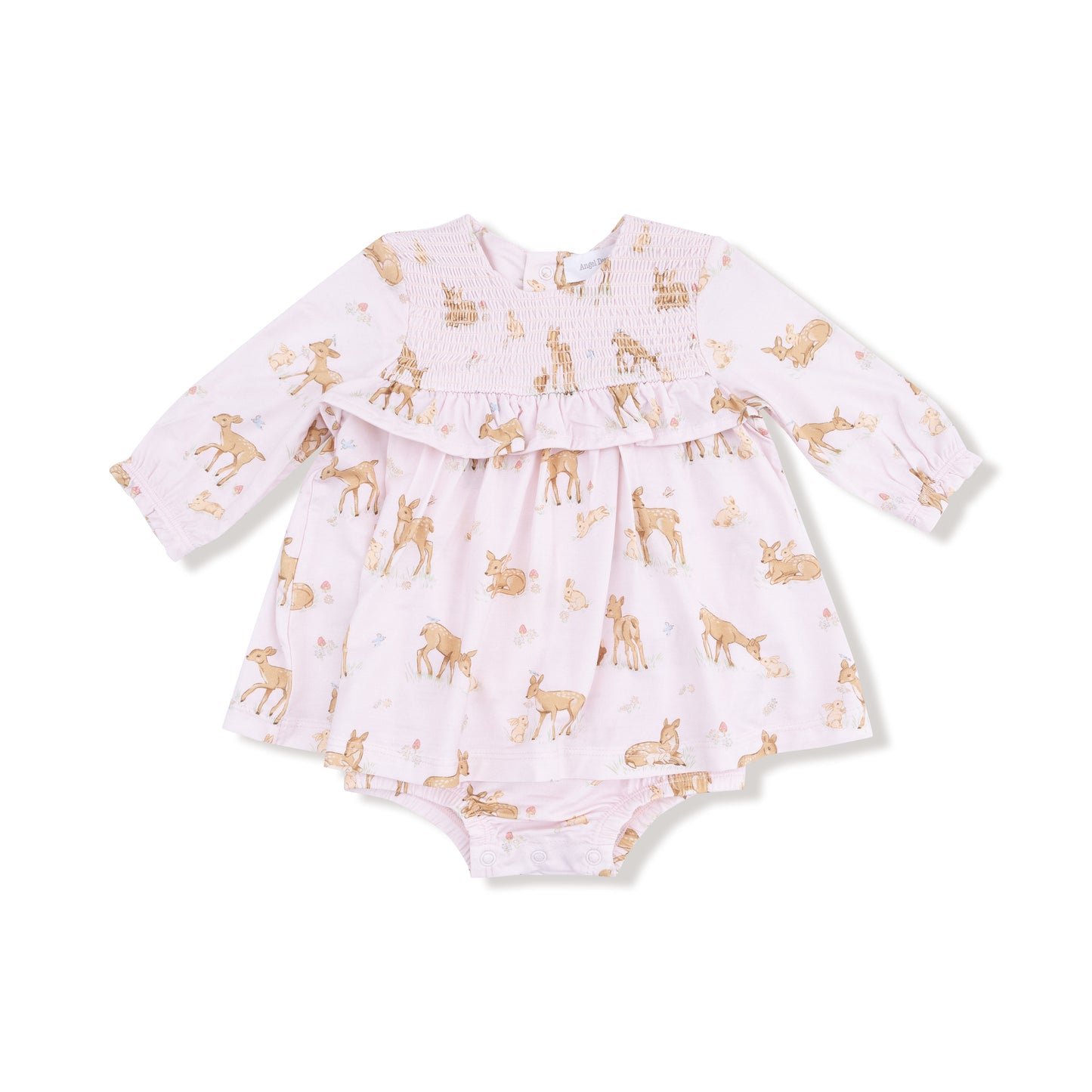Long Sleeve Smocked Ruffle Bubble with Skirt in our  Little Fawn print from Angel Dear