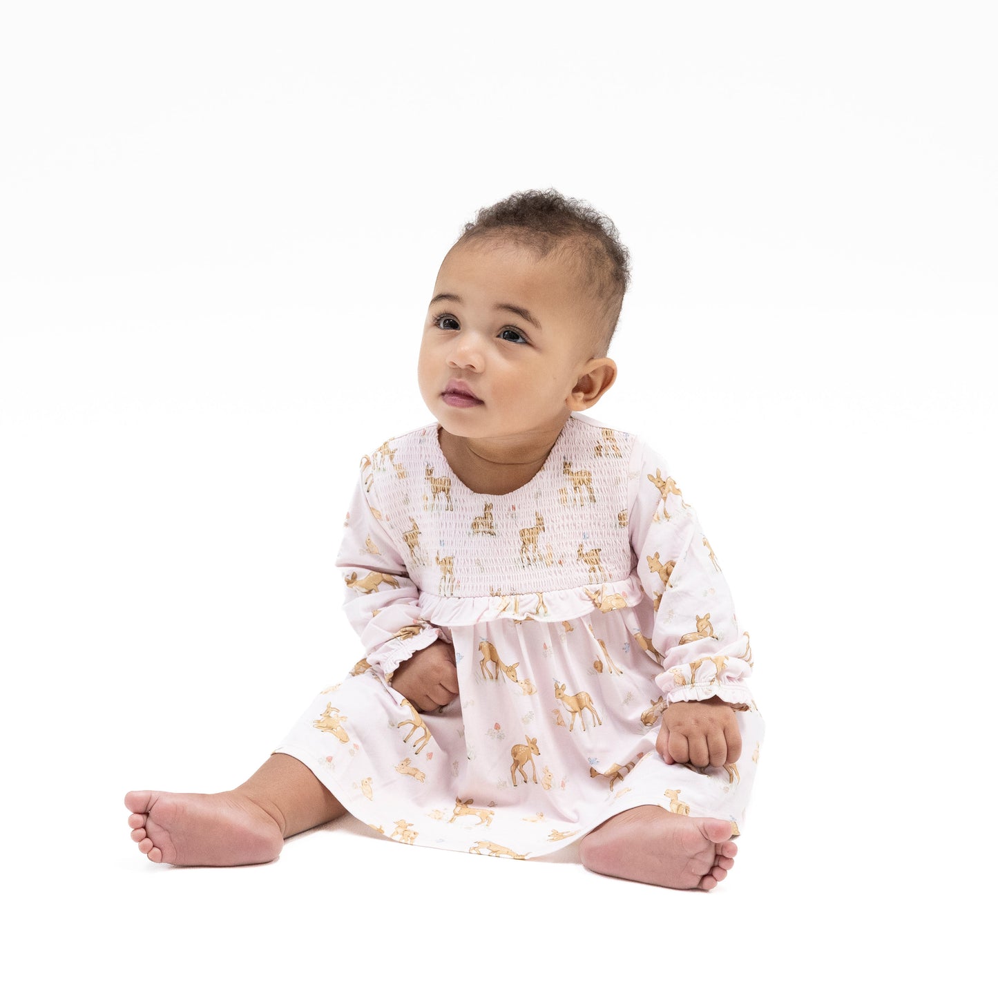 Long Sleeve Smocked Ruffle Bubble with Skirt in our  Little Fawn print from Angel Dear