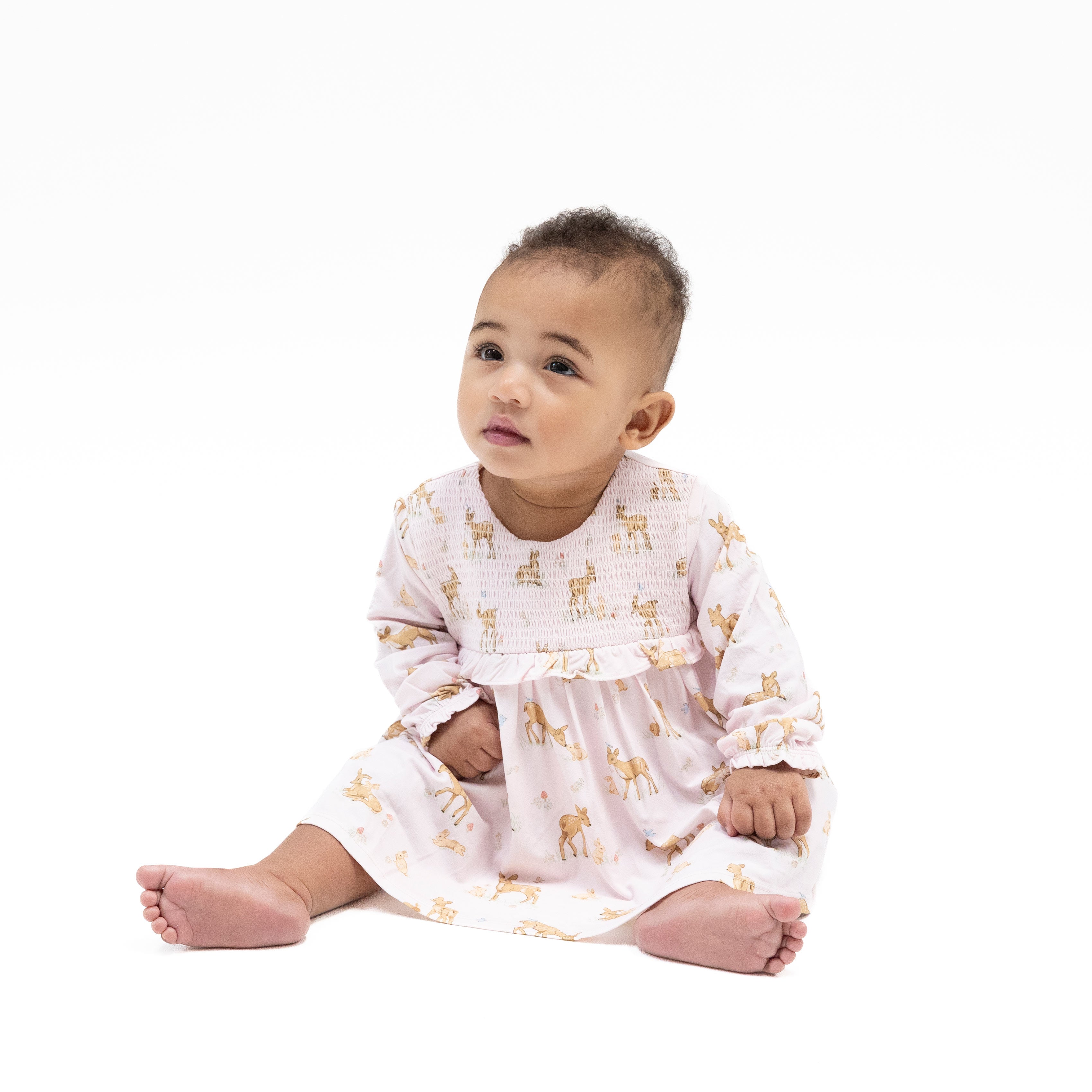 Long Sleeve Smocked Ruffle Bubble with Skirt in our  Little Fawn print from Angel Dear