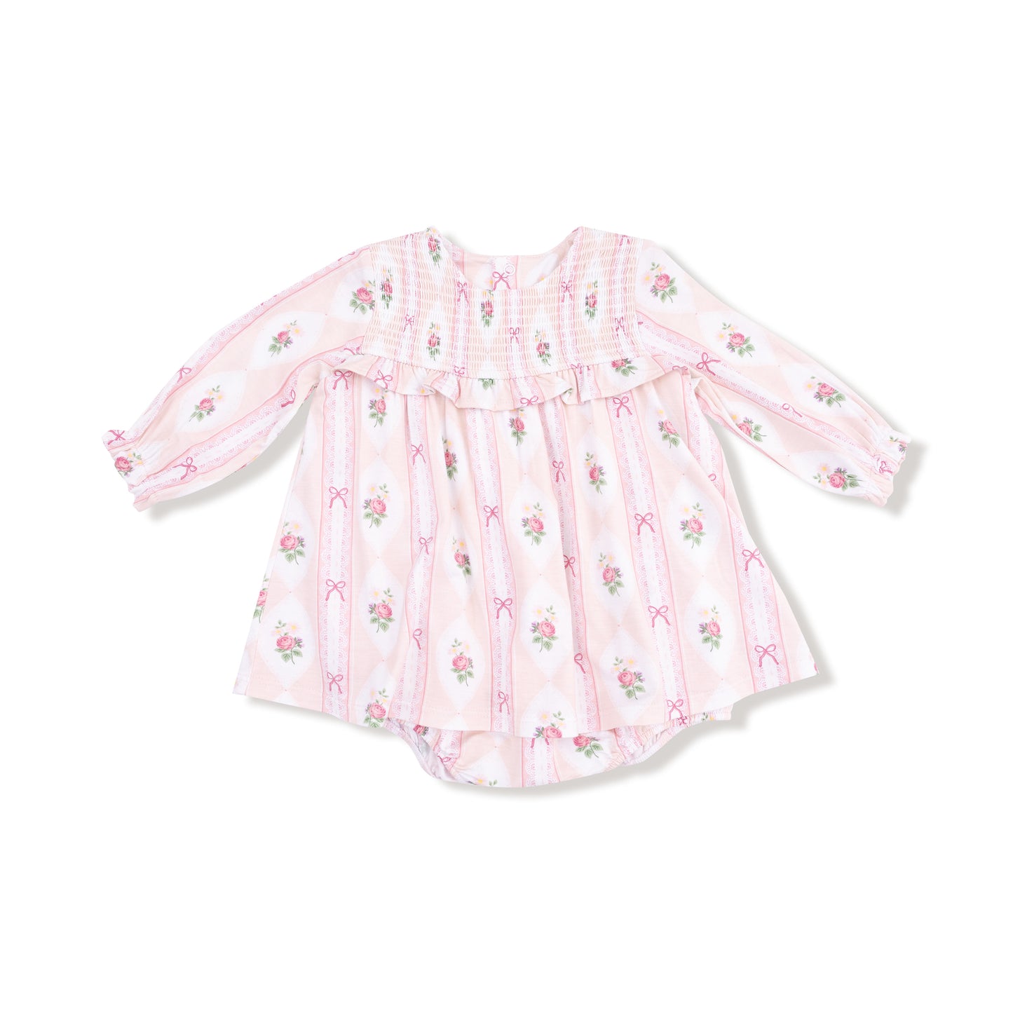 Long Sleeve Smocked Ruffle Bubble with Skirt in our  Ogee Lace Floral print from Angel Dear