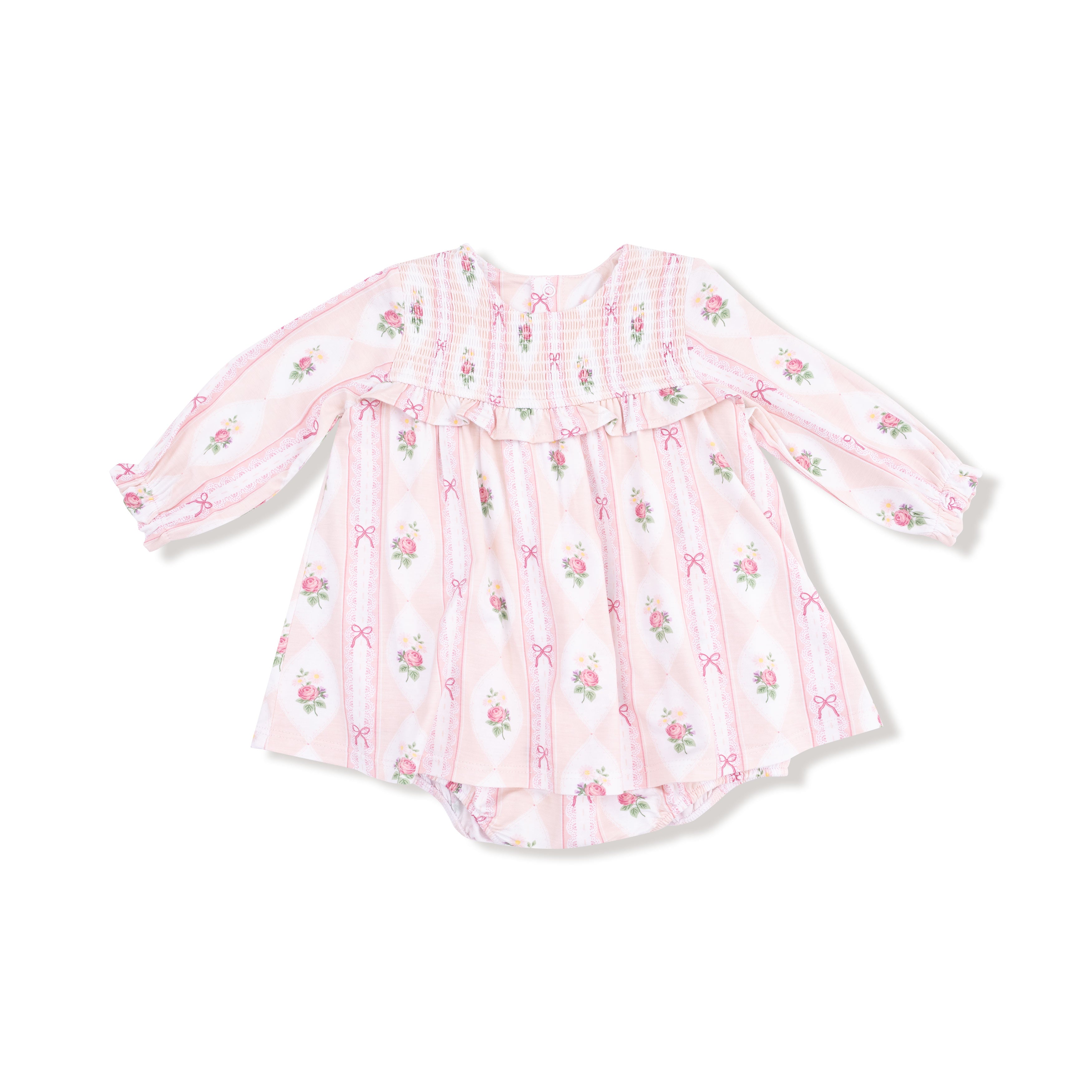 Long Sleeve Smocked Ruffle Bubble with Skirt in our  Ogee Lace Floral print from Angel Dear