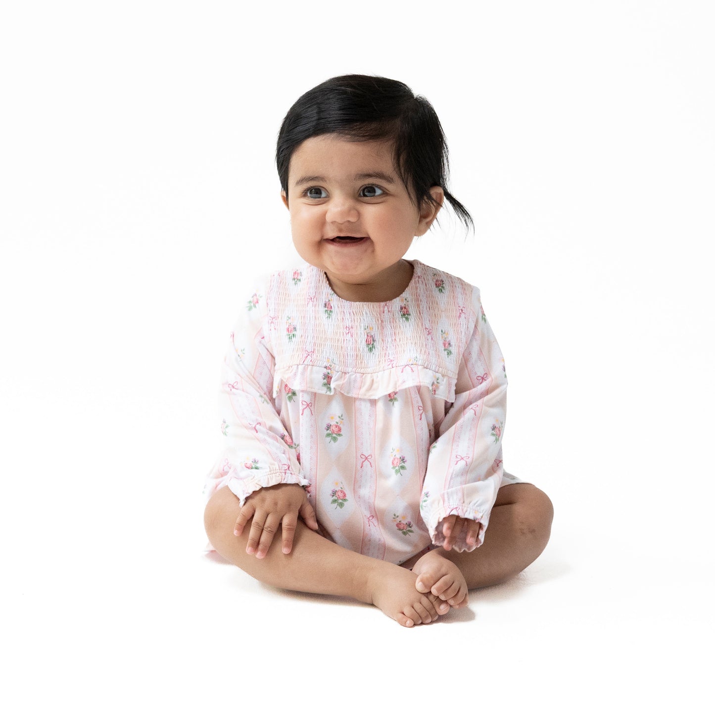 Long Sleeve Smocked Ruffle Bubble with Skirt in our  Ogee Lace Floral print from Angel Dear