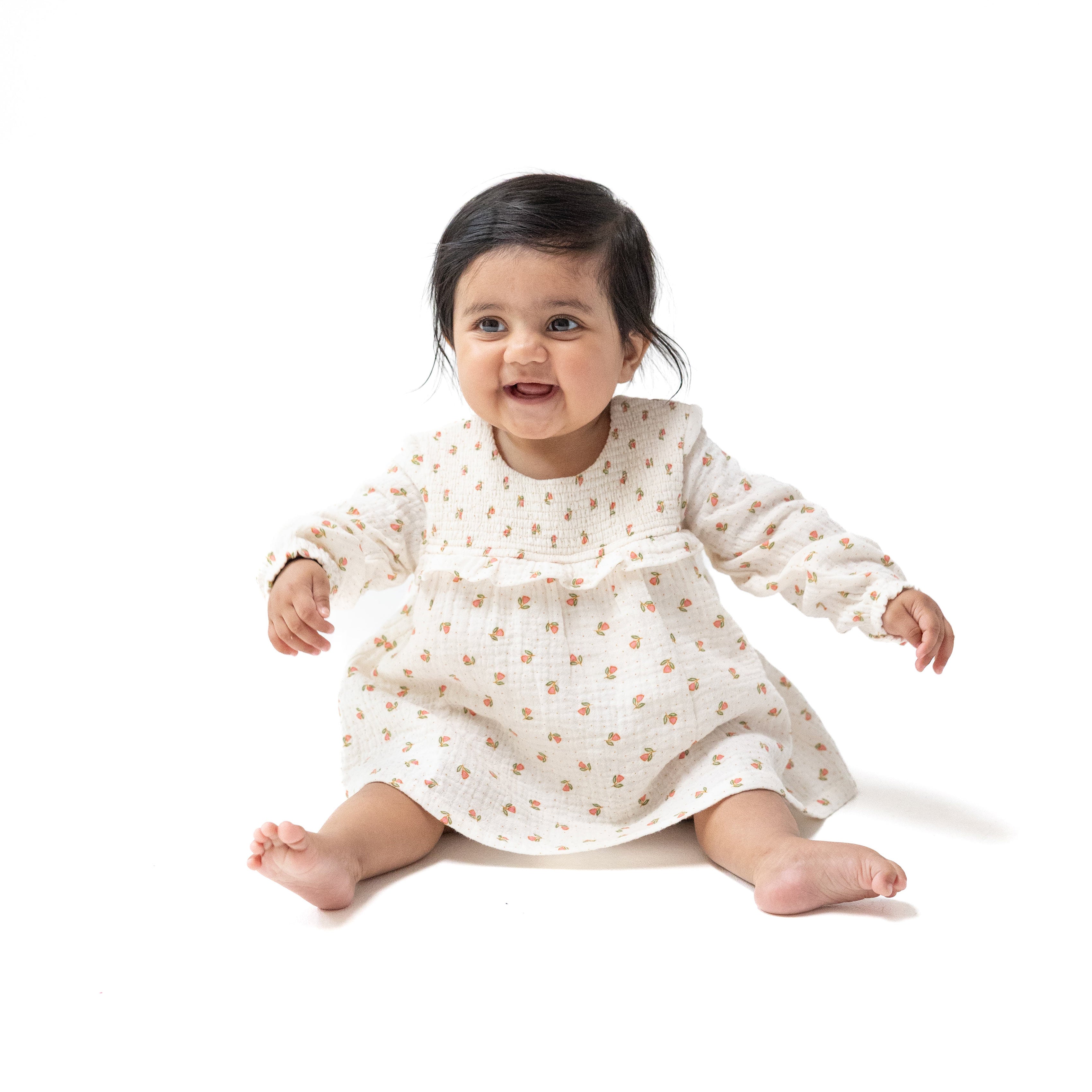 Long Sleeve Smocked Ruffle Bubble with Skirt in our  Petite Pointe Fleur print from Angel Dear