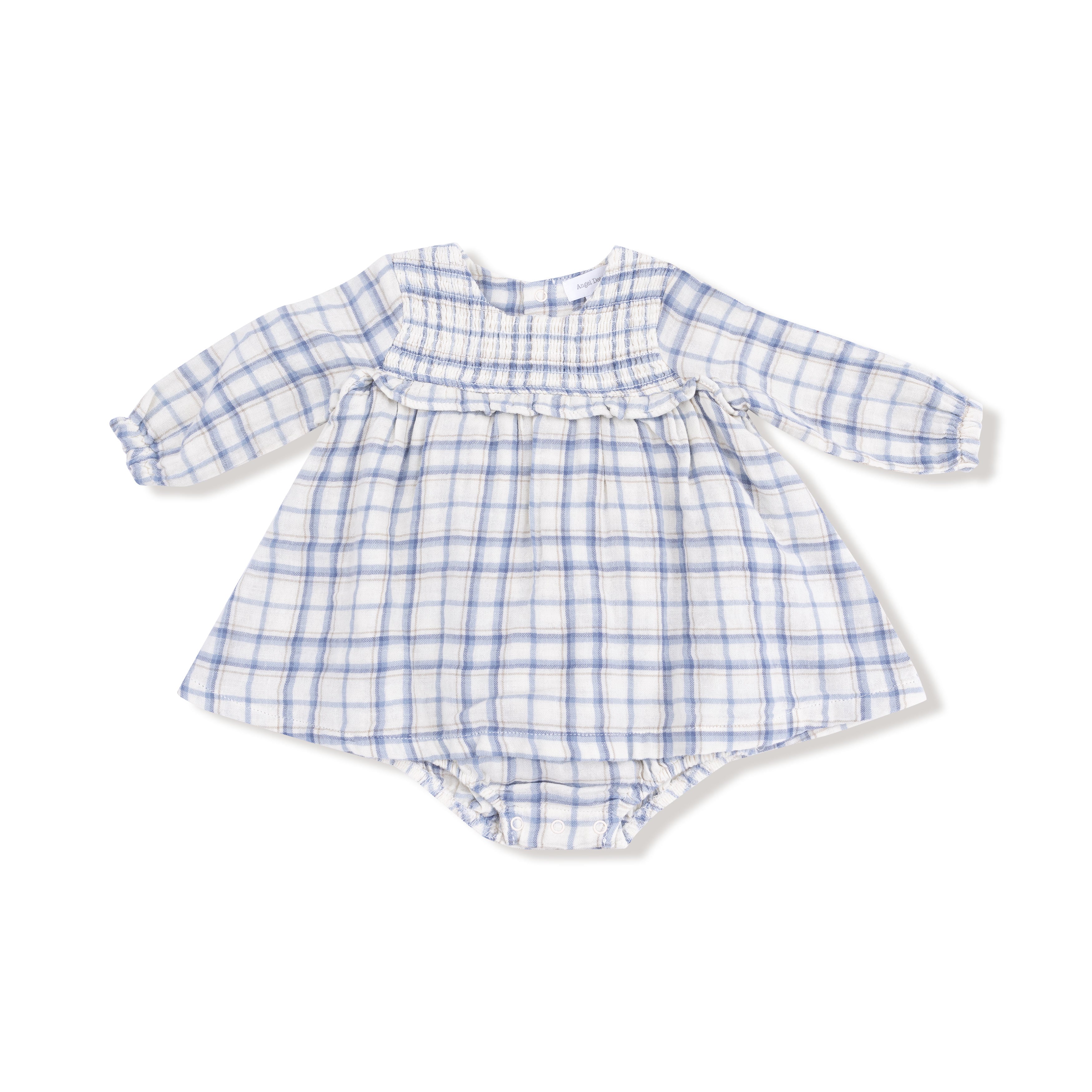 Long Sleeve Smocked Ruffle Bubble with Skirt in our  Blue Plaid print from Angel Dear