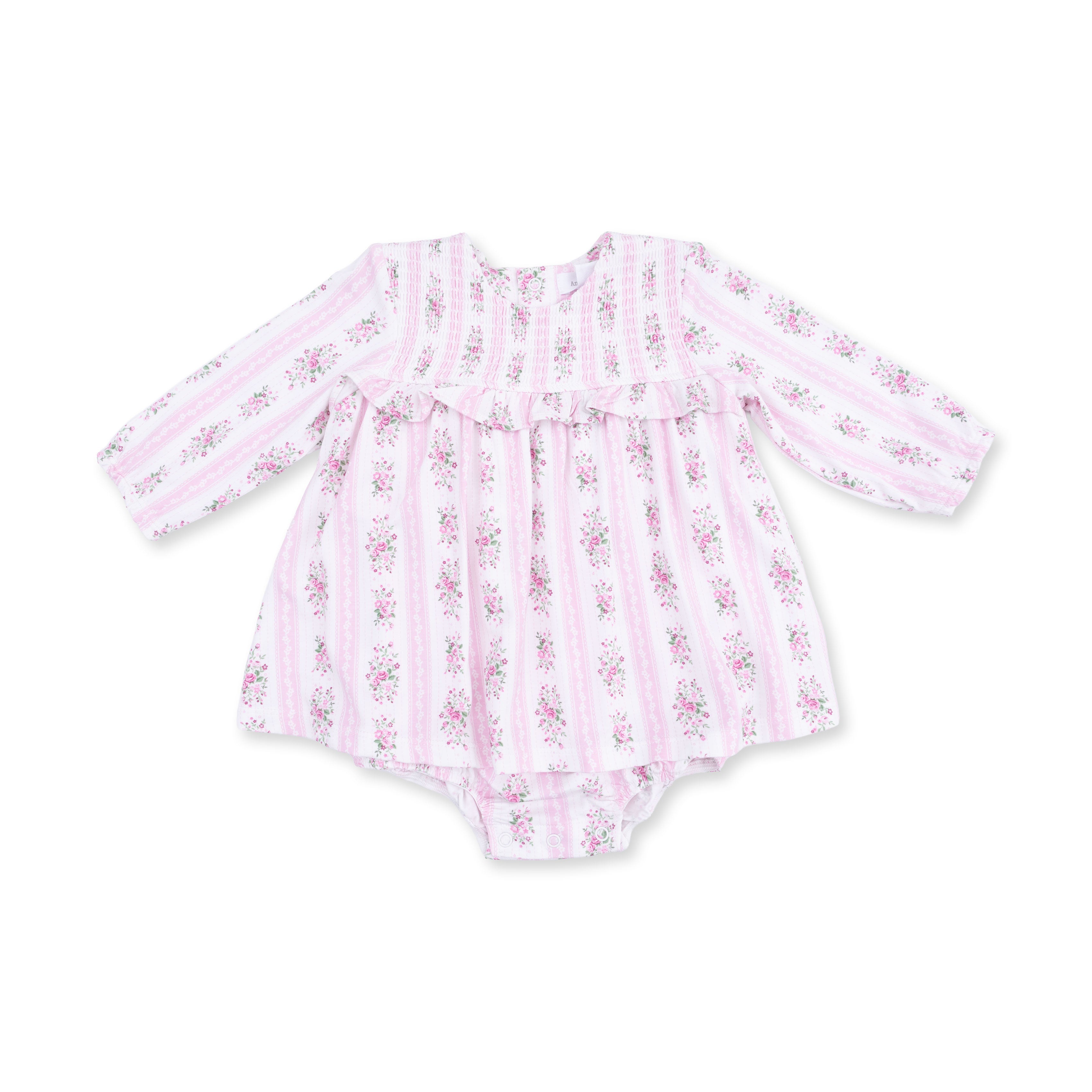 Bella Rose Stripe - Long Sleeve Smocked Ruffle Bubble with Skirt