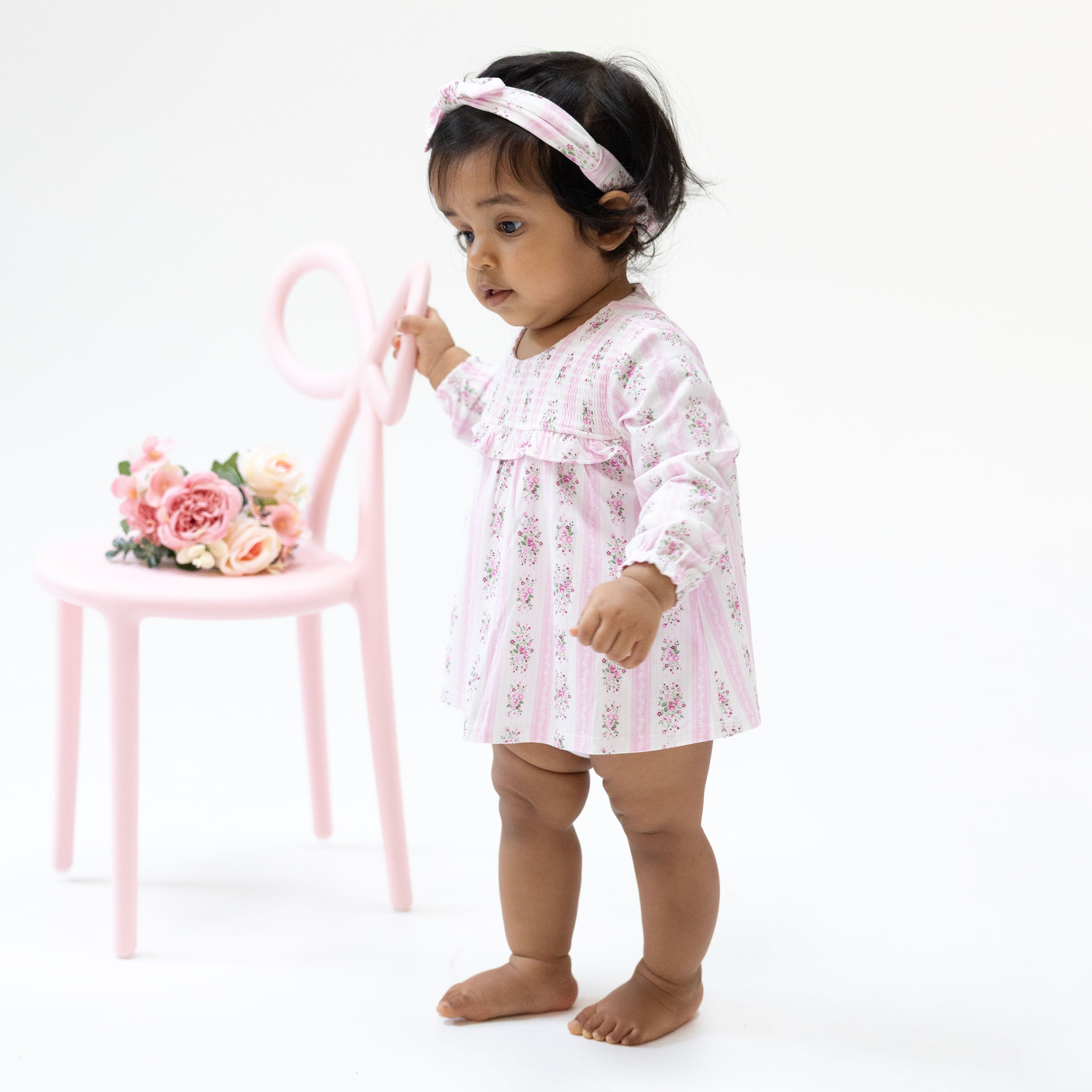 Bella Rose Stripe - Long Sleeve Smocked Ruffle Bubble with Skirt