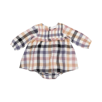 L/S Smocked Ruffle Bubble W/ Skirt - Harvest Plaid-Angel Dear