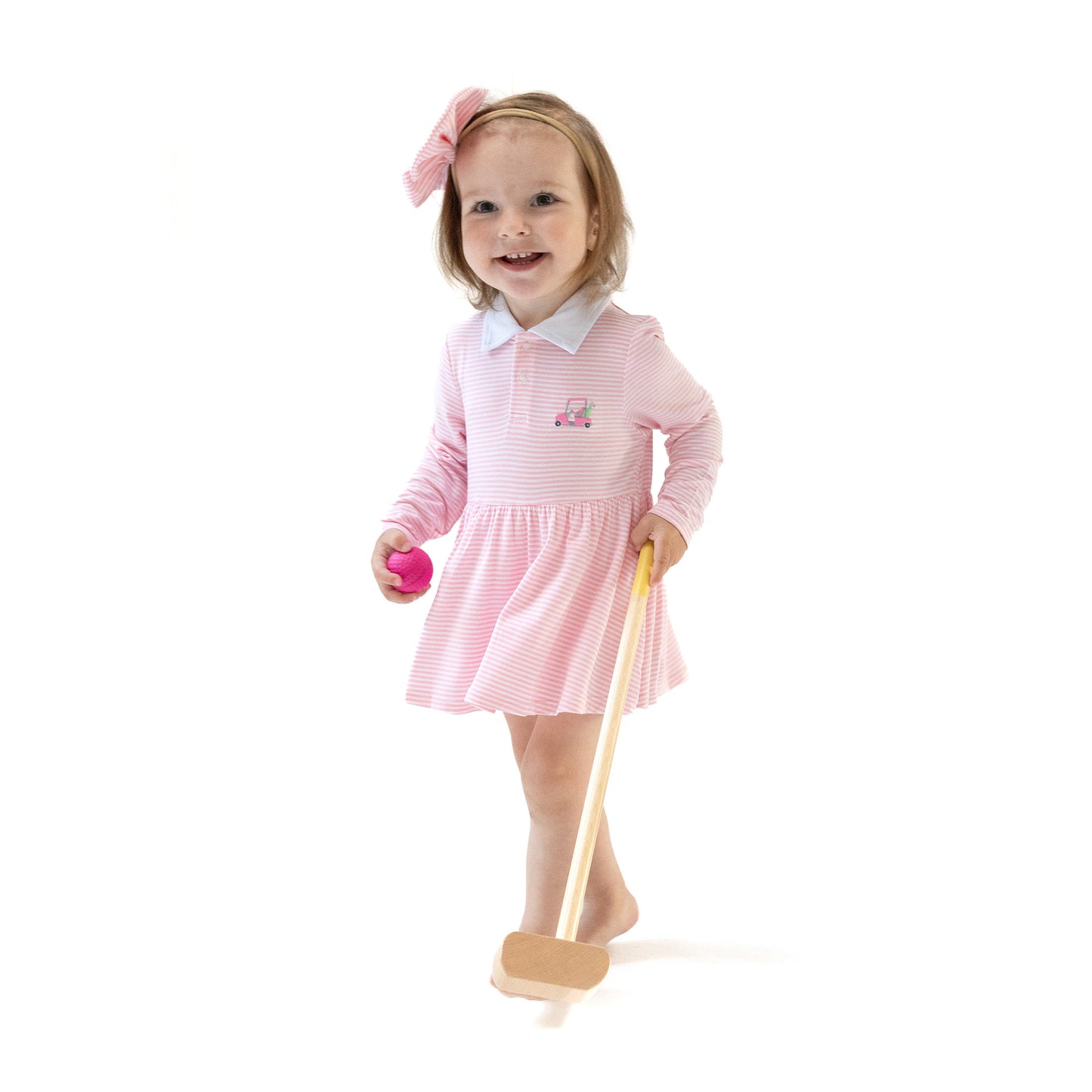 Long Sleeve Polo Bodysuit Dress in our  Baby Golf Carts - Pink print from Angel Dear