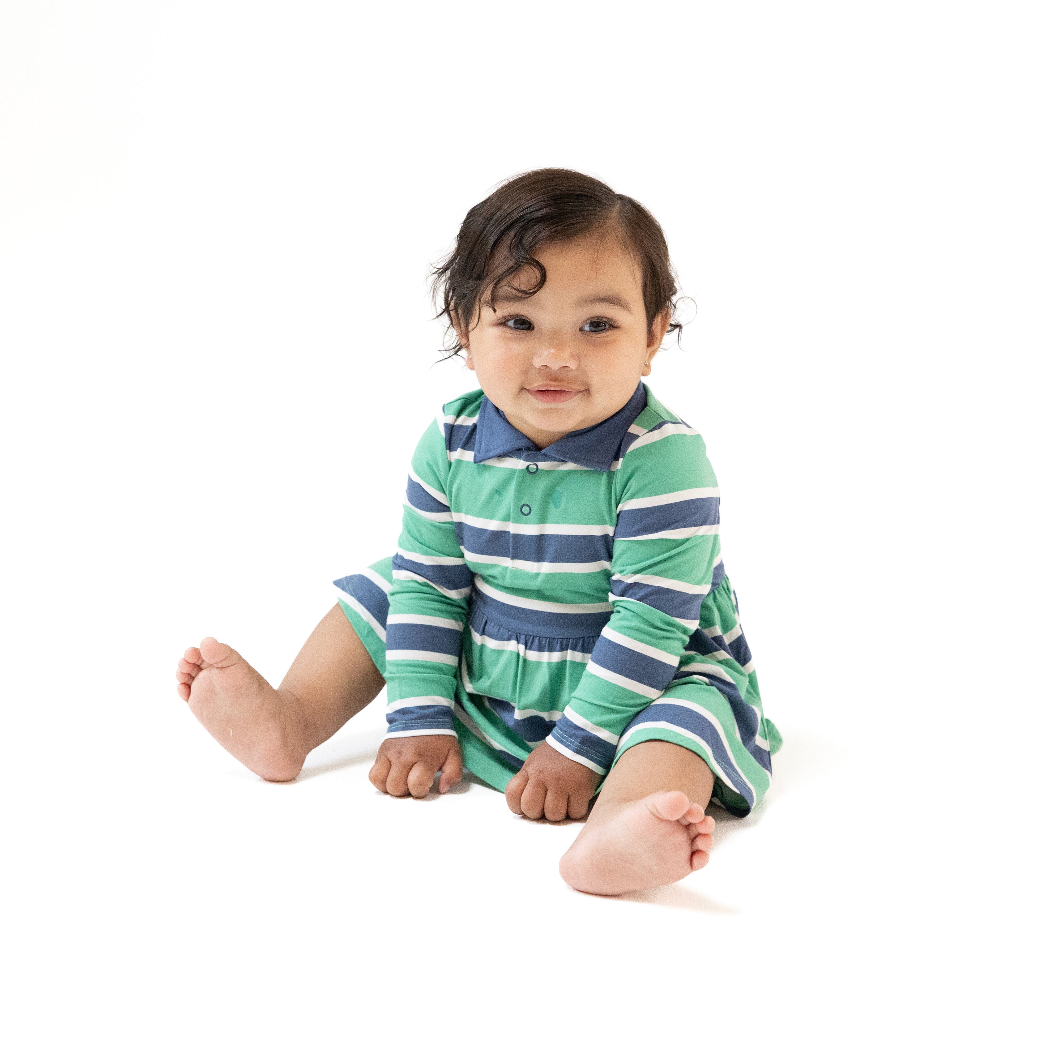 Long Sleeve Polo Bodysuit Dress in our  Rugby Stripe print from Angel Dear