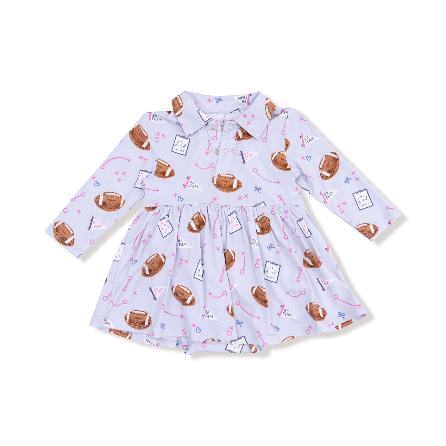 Long Sleeve Polo Bodysuit Dress in our  Touchdown Time - Lavender print from Angel Dear