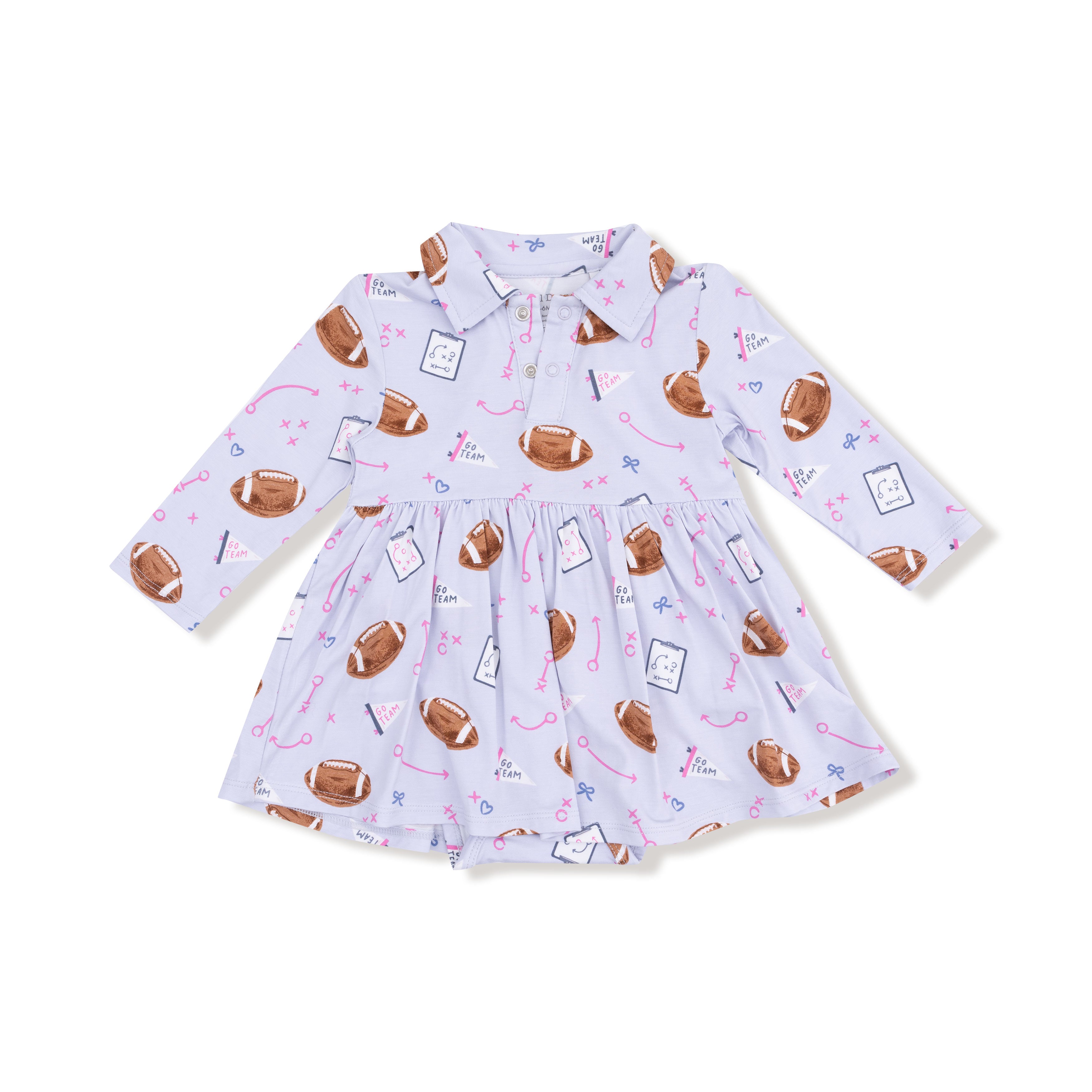 Long Sleeve Polo Bodysuit Dress in our  Touchdown Time - Lavender print from Angel Dear