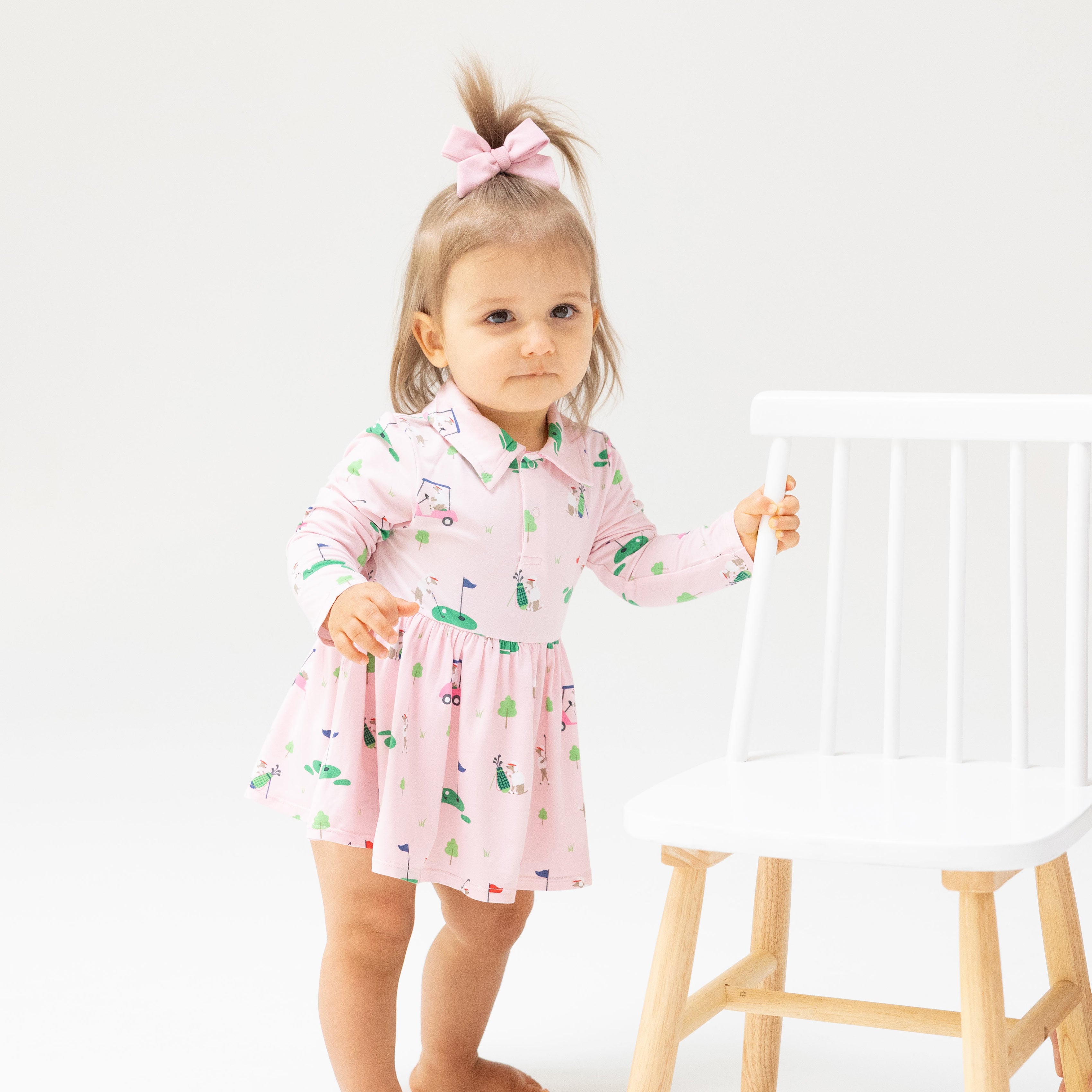 Long Sleeve Polo Bodysuit Dress in our  Dog Gone Golf - Pink print from Angel Dear
