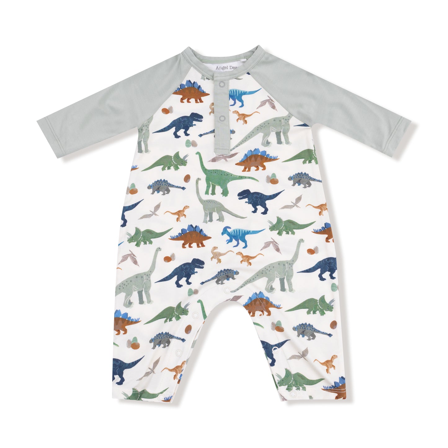 Long Sleeve Raglan Henley Romper in our  Washy Dinos print from Angel Dear