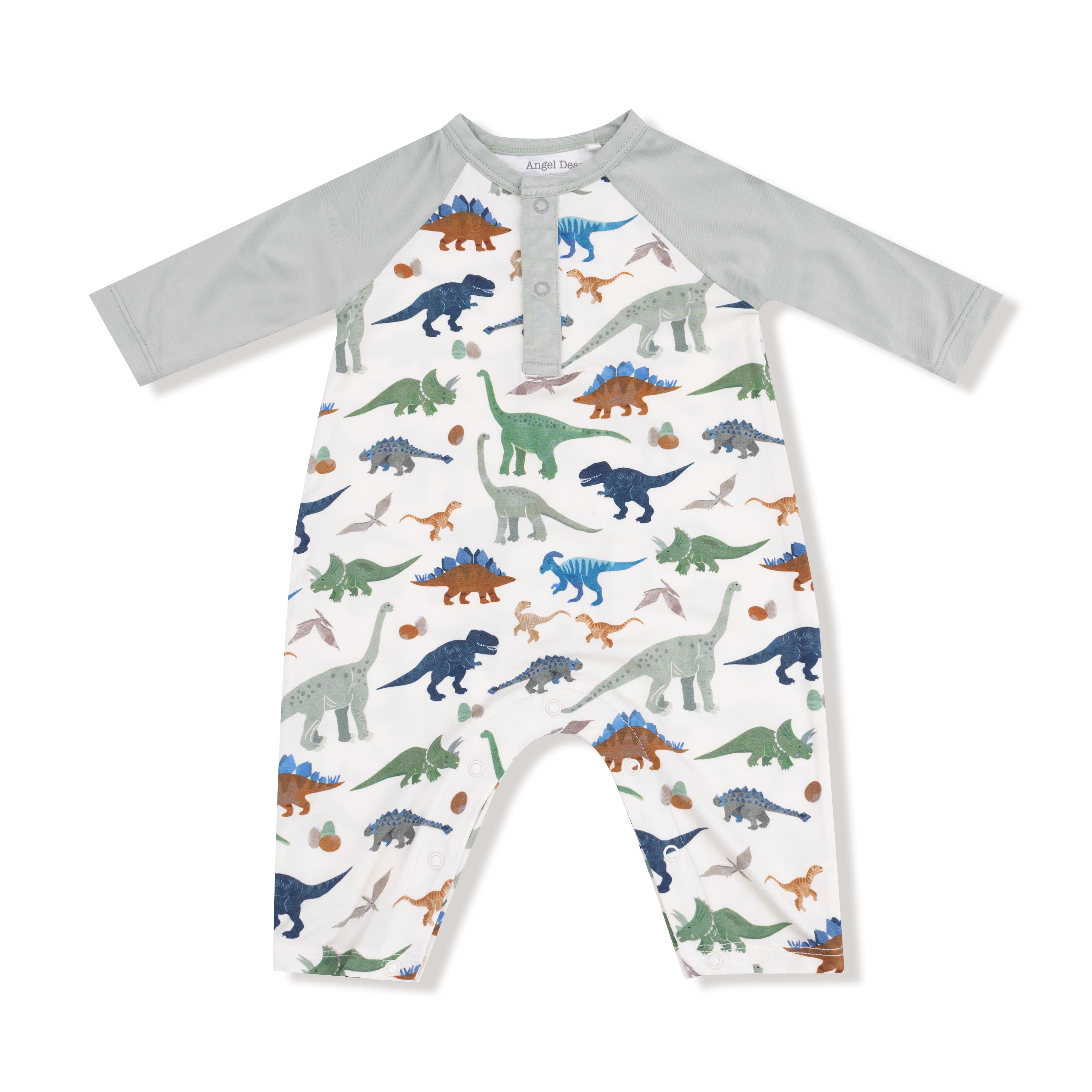 Long Sleeve Raglan Henley Romper in our  Washy Dinos print from Angel Dear