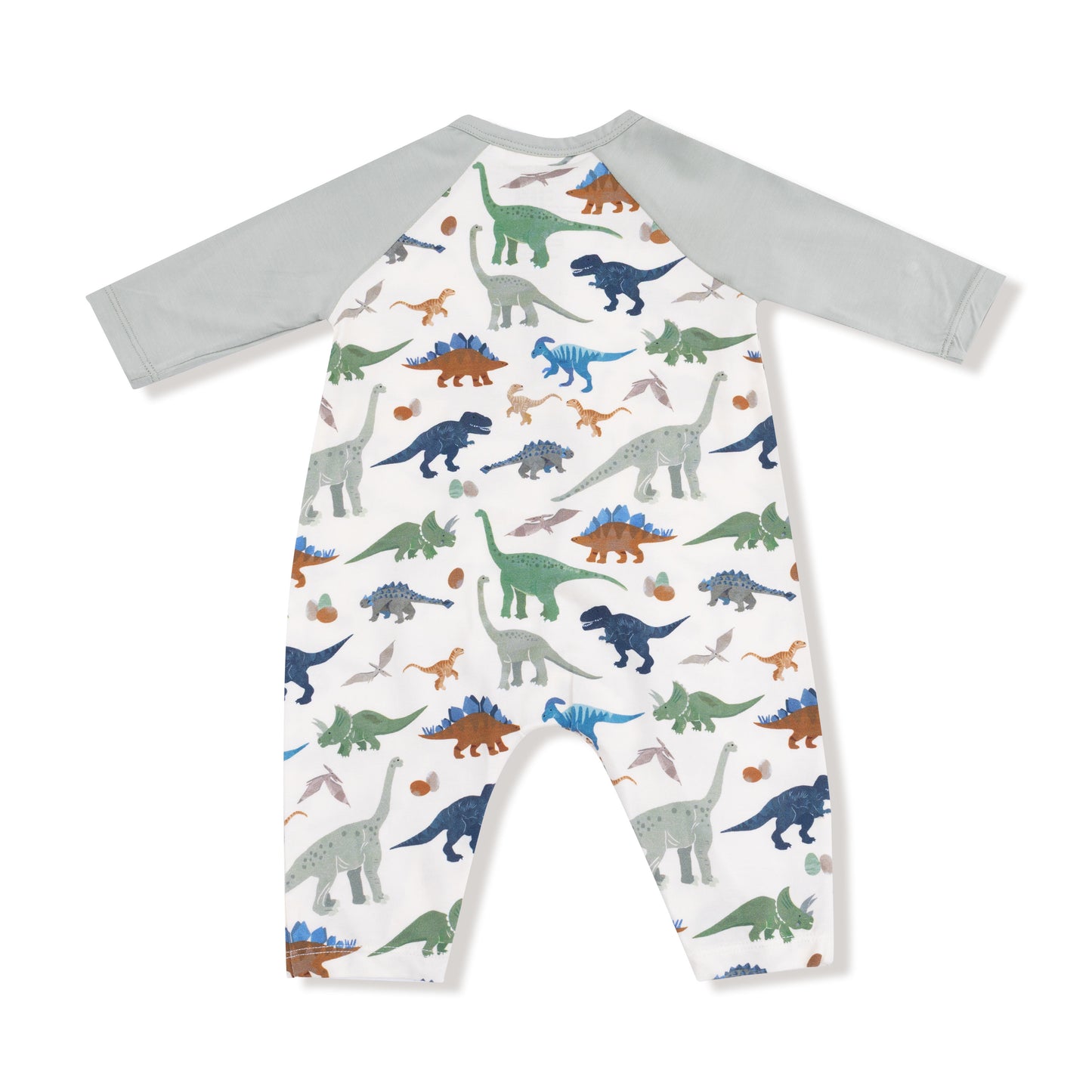 Long Sleeve Raglan Henley Romper in our  Washy Dinos print from Angel Dear