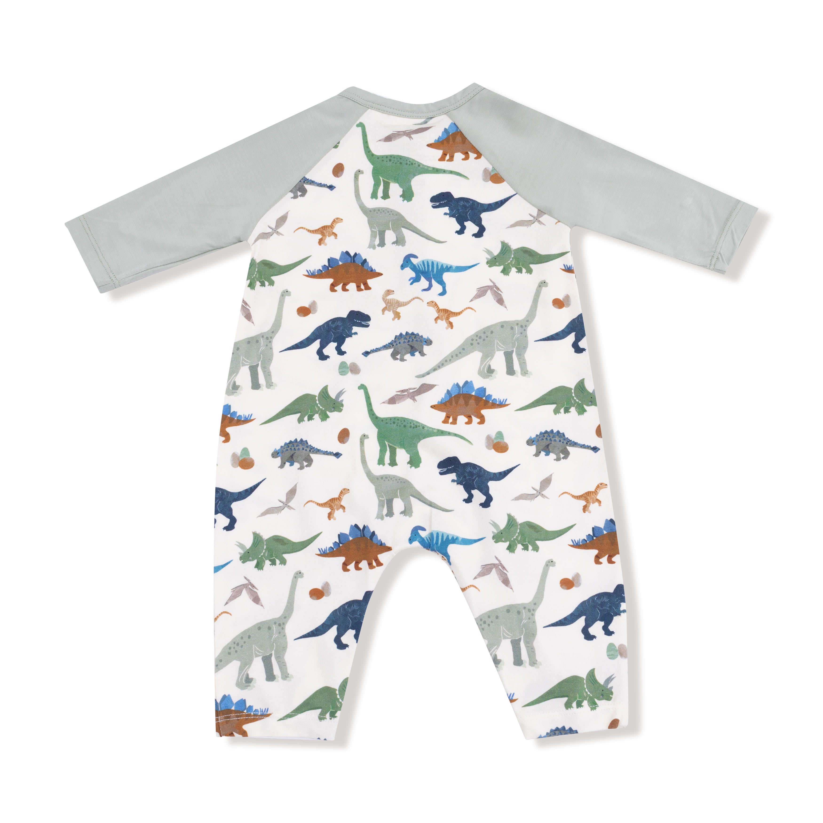 Long Sleeve Raglan Henley Romper in our  Washy Dinos print from Angel Dear