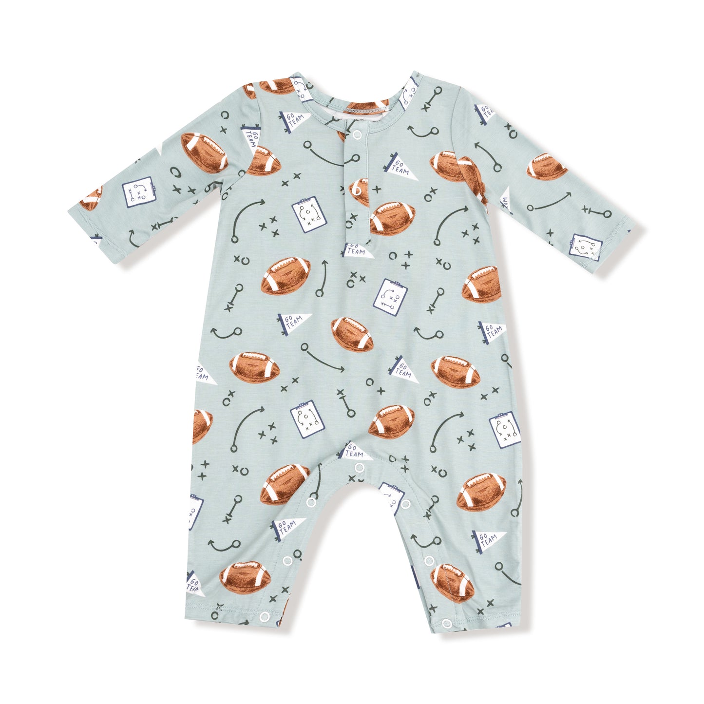 Long Sleeve Henley Romper in our  Touchdown Time - Grey Mist print from Angel Dear