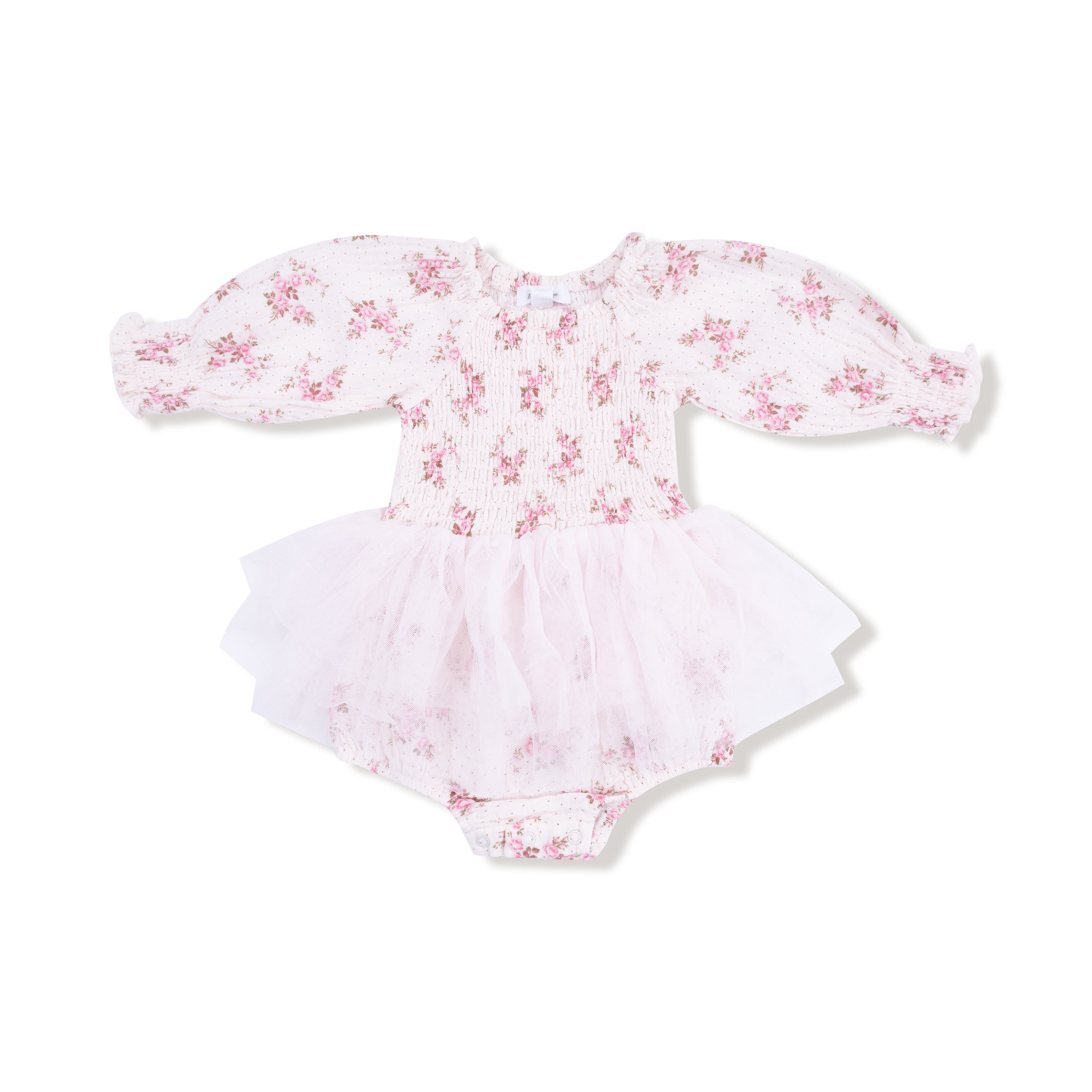 Long Sleeve Smocked Bubble with Tutu in our  Belle Rosette Dot print from Angel Dear