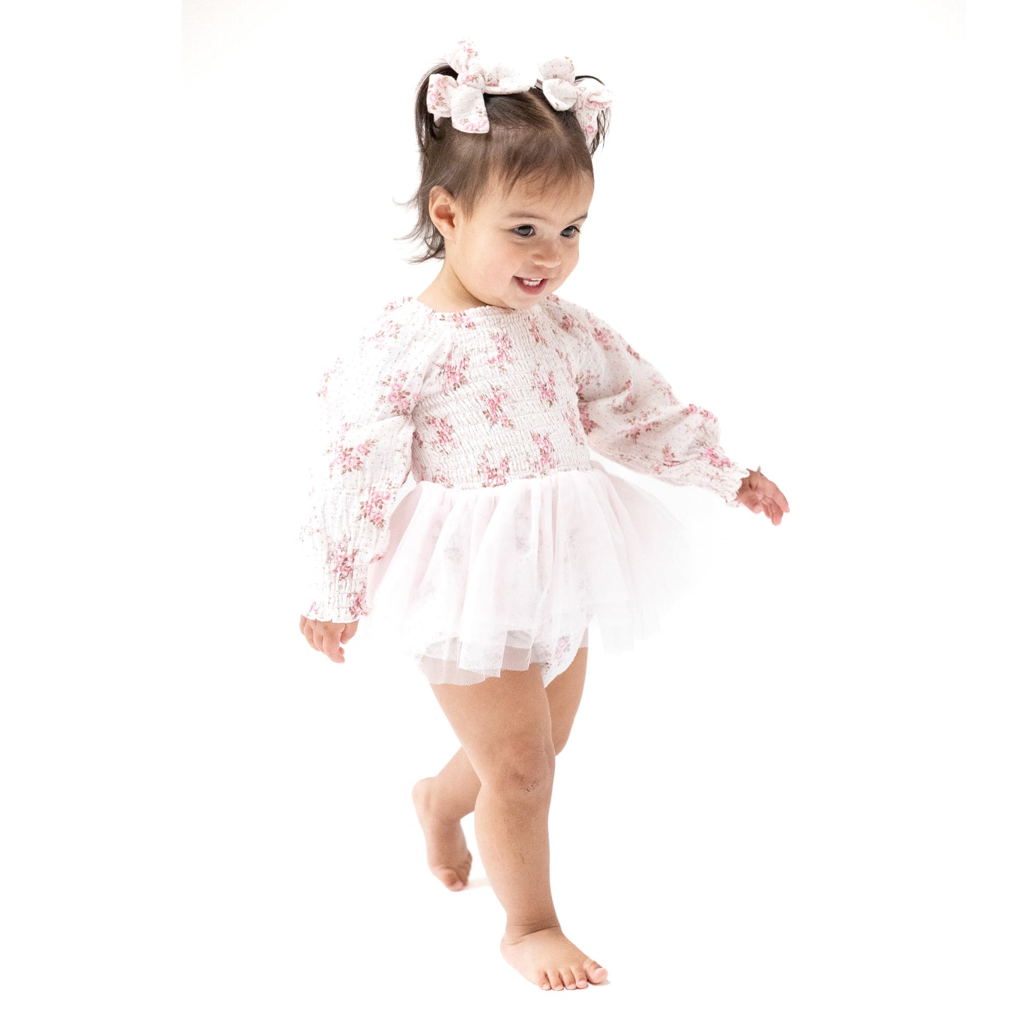 Long Sleeve Smocked Bubble with Tutu in our  Belle Rosette Dot print from Angel Dear