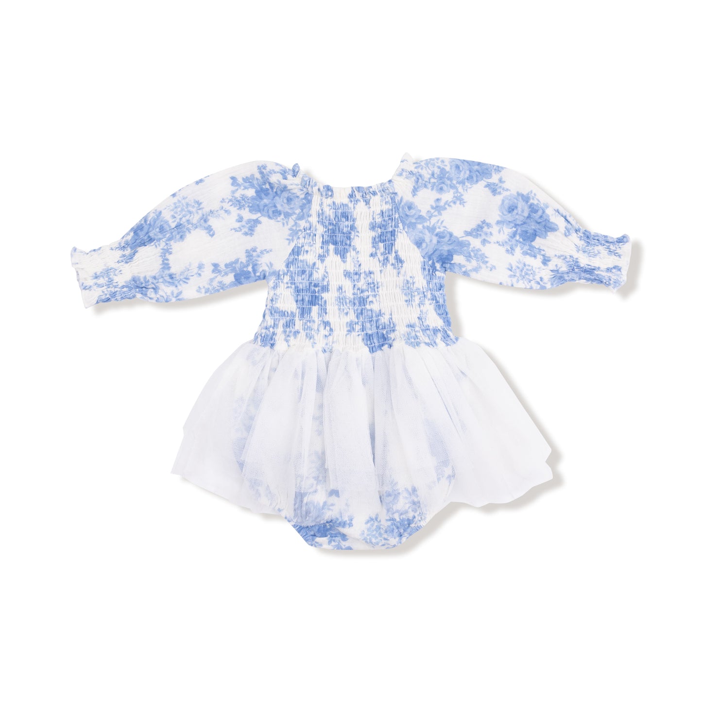Long Sleeve Smocked Bubble with Tutu in our  Dream Cottage Floral Blue print from Angel Dear