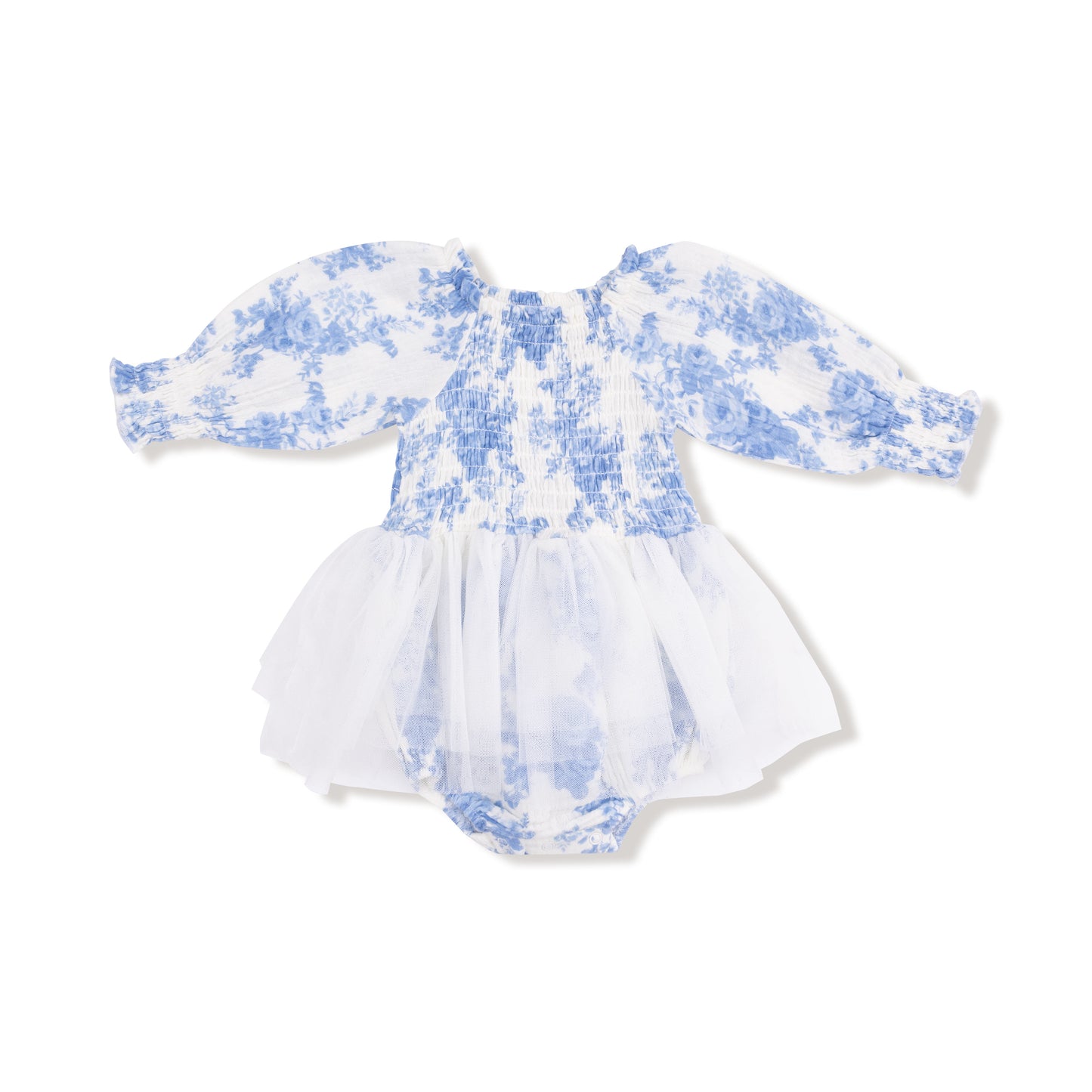 Long Sleeve Smocked Bubble with Tutu in our  Dream Cottage Floral Blue print from Angel Dear