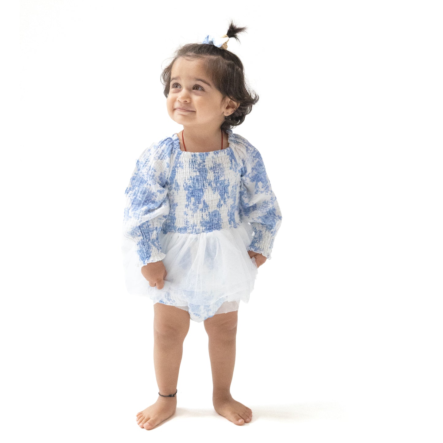 Long Sleeve Smocked Bubble with Tutu in our  Dream Cottage Floral Blue print from Angel Dear
