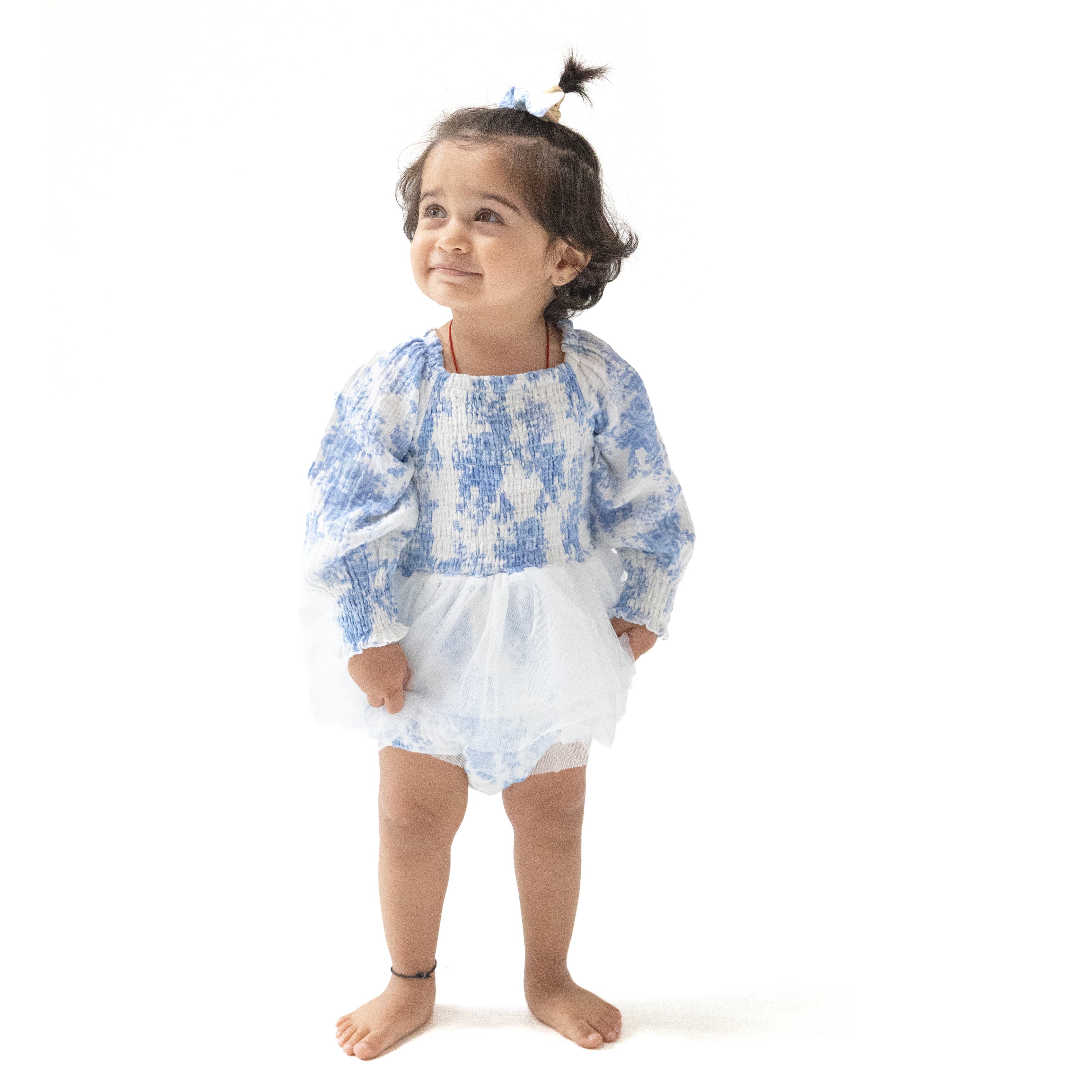 Long Sleeve Smocked Bubble with Tutu in our  Dream Cottage Floral Blue print from Angel Dear