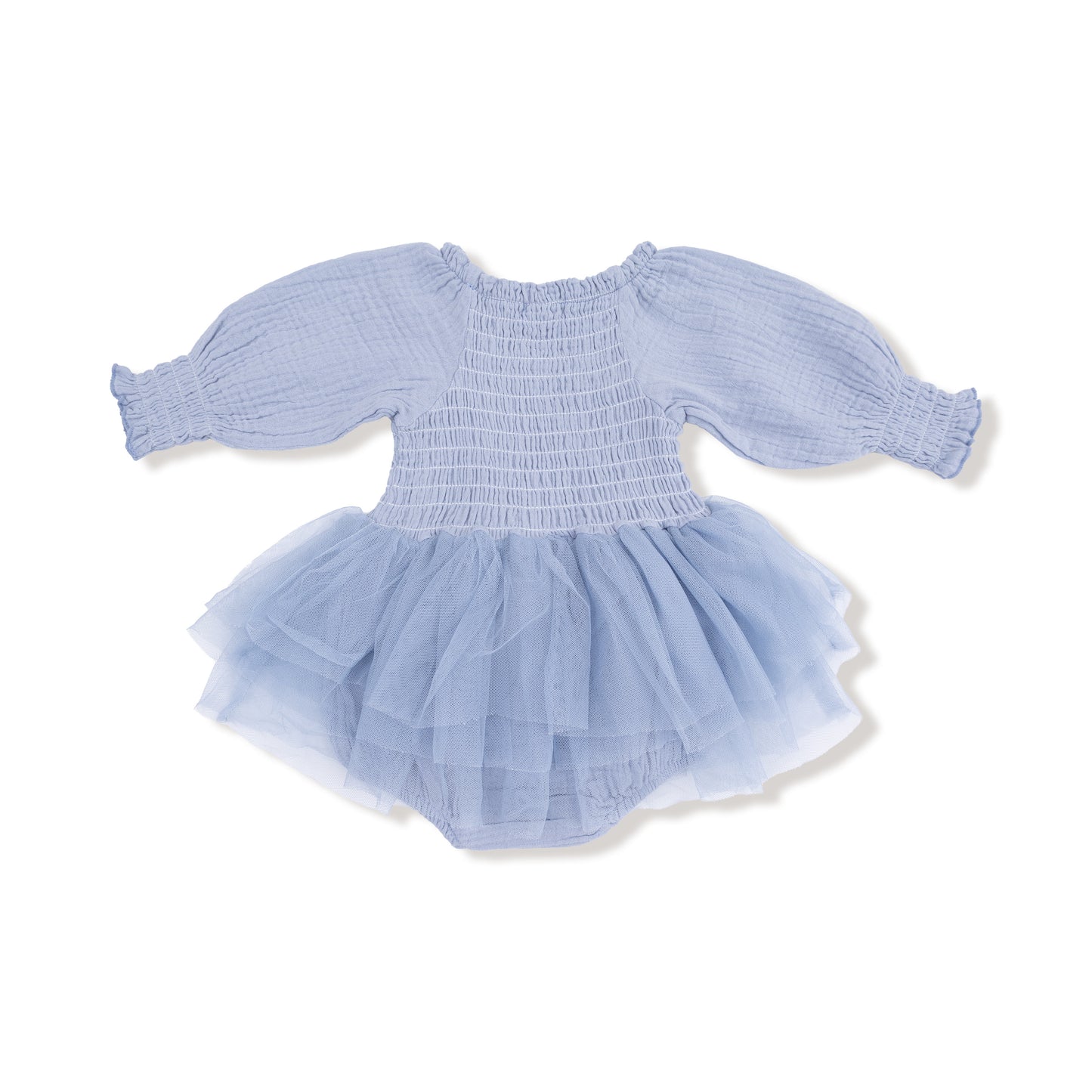Long Sleeve Smocked Bubble with Tutu in our  Soft Chambray print from Angel Dear