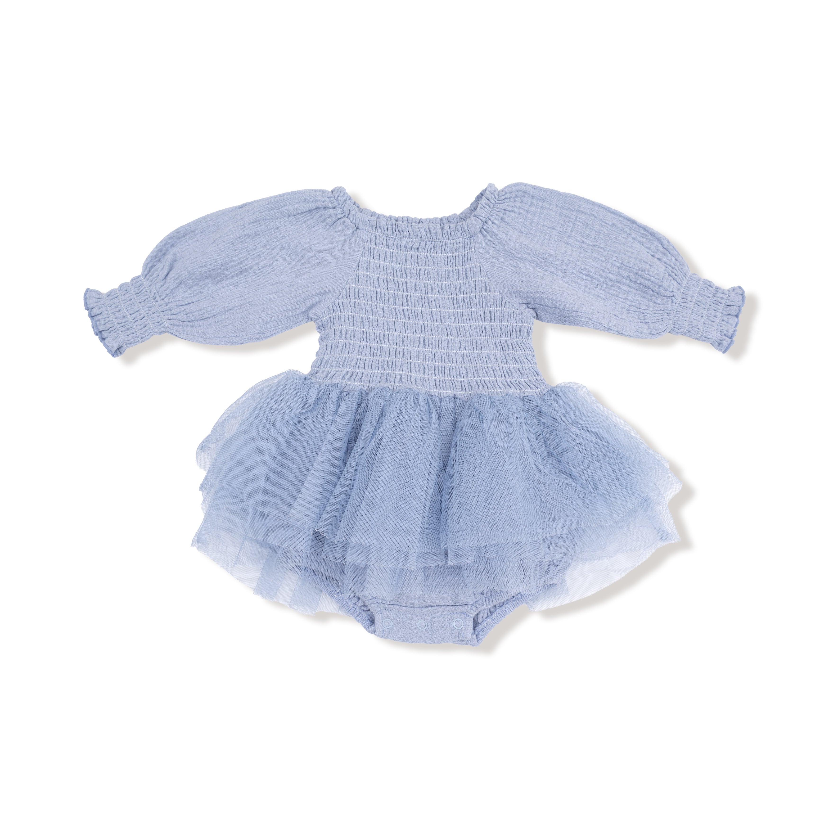 Long Sleeve Smocked Bubble with Tutu in our  Soft Chambray print from Angel Dear