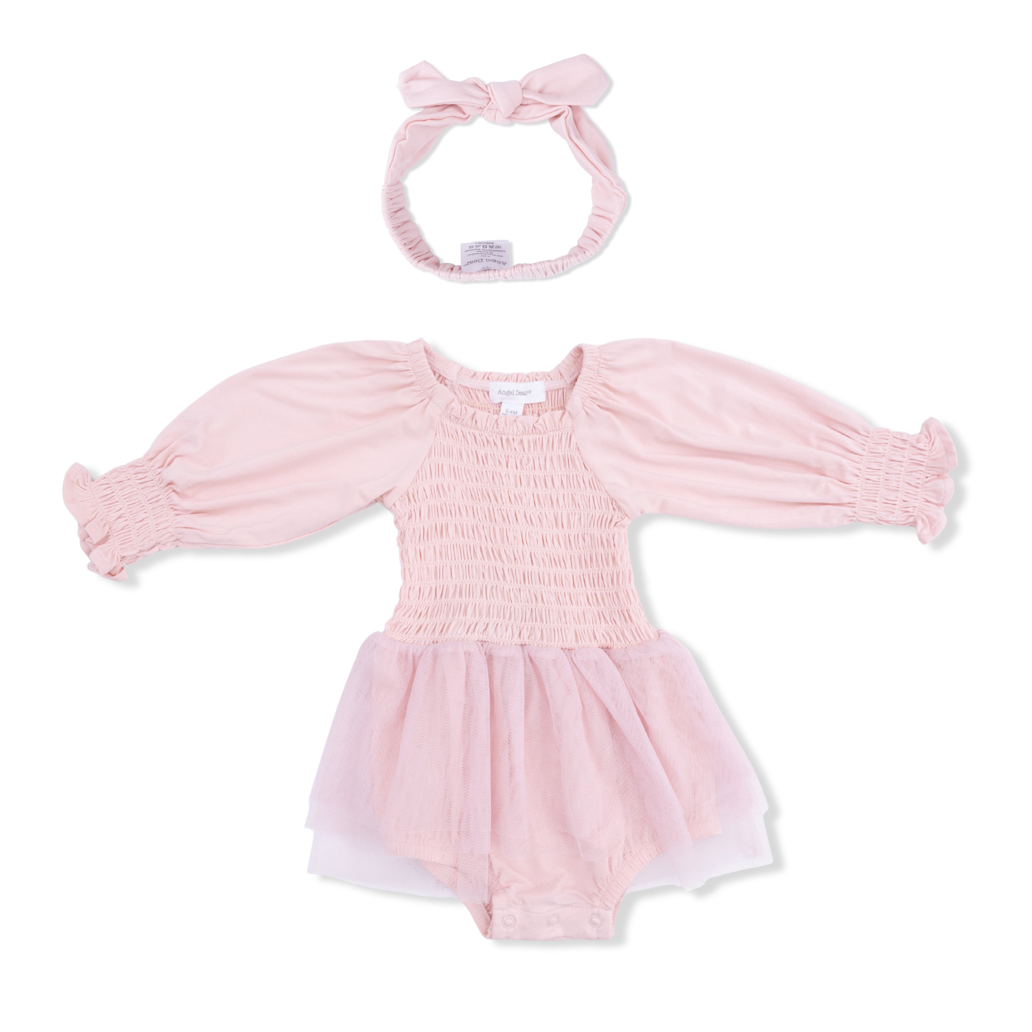Solid Lotus - Long Sleeve Smocked Bubble with Tutu & Knotted Headband Set-Angel Dear