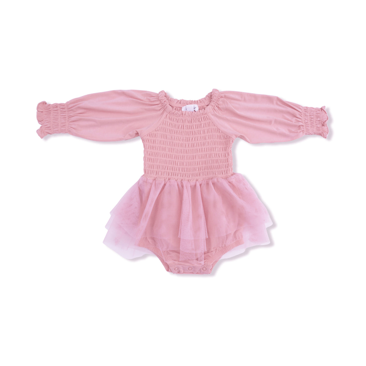 Solid Rose Elegance - Long Sleeve Smocked Bubble with Tutu