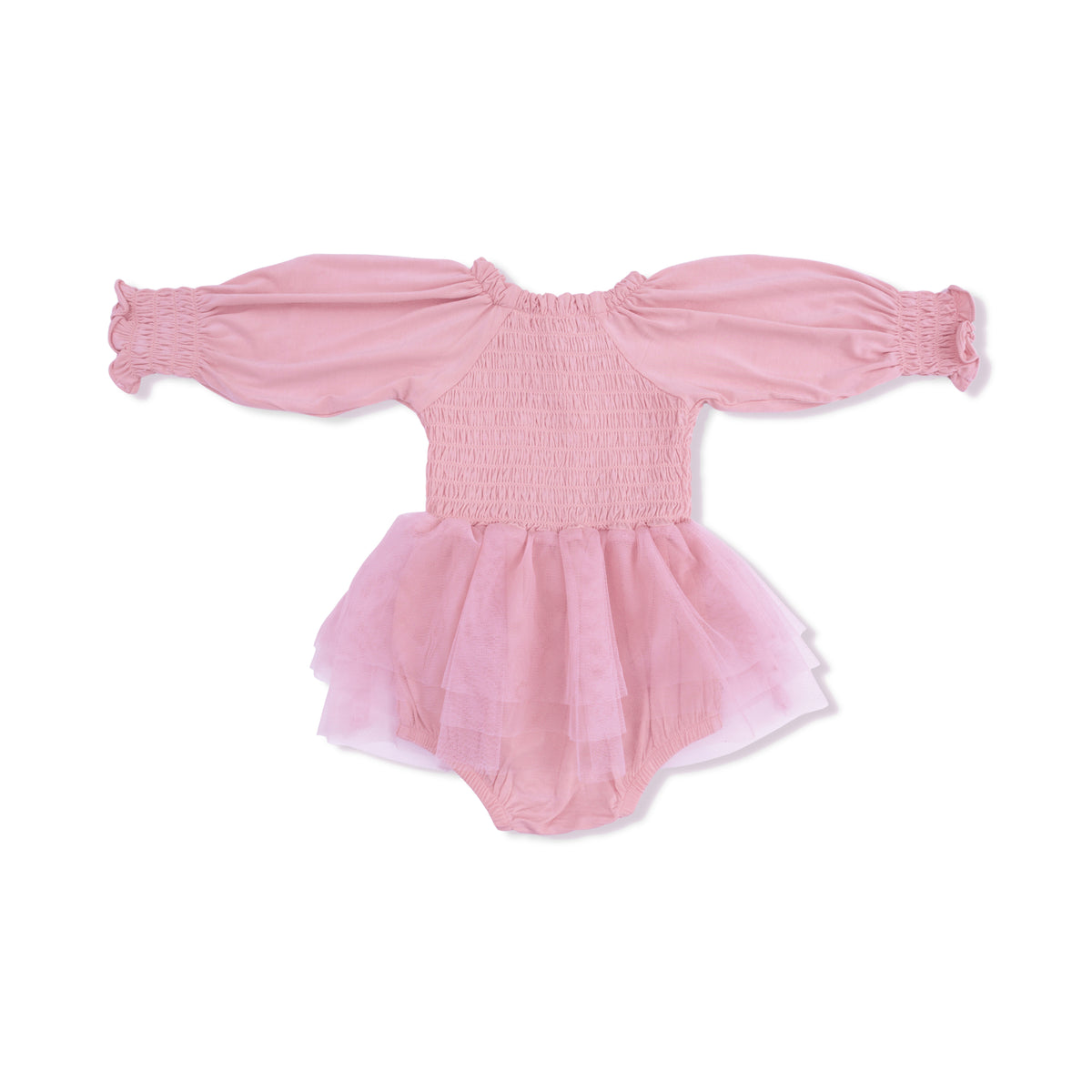 Solid Rose Elegance - Long Sleeve Smocked Bubble with Tutu