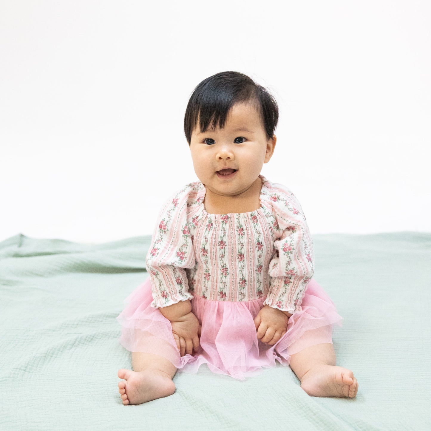 Winding Roses Stripe - Long Sleeve Smocked Bubble with Tutu-Angel Dear