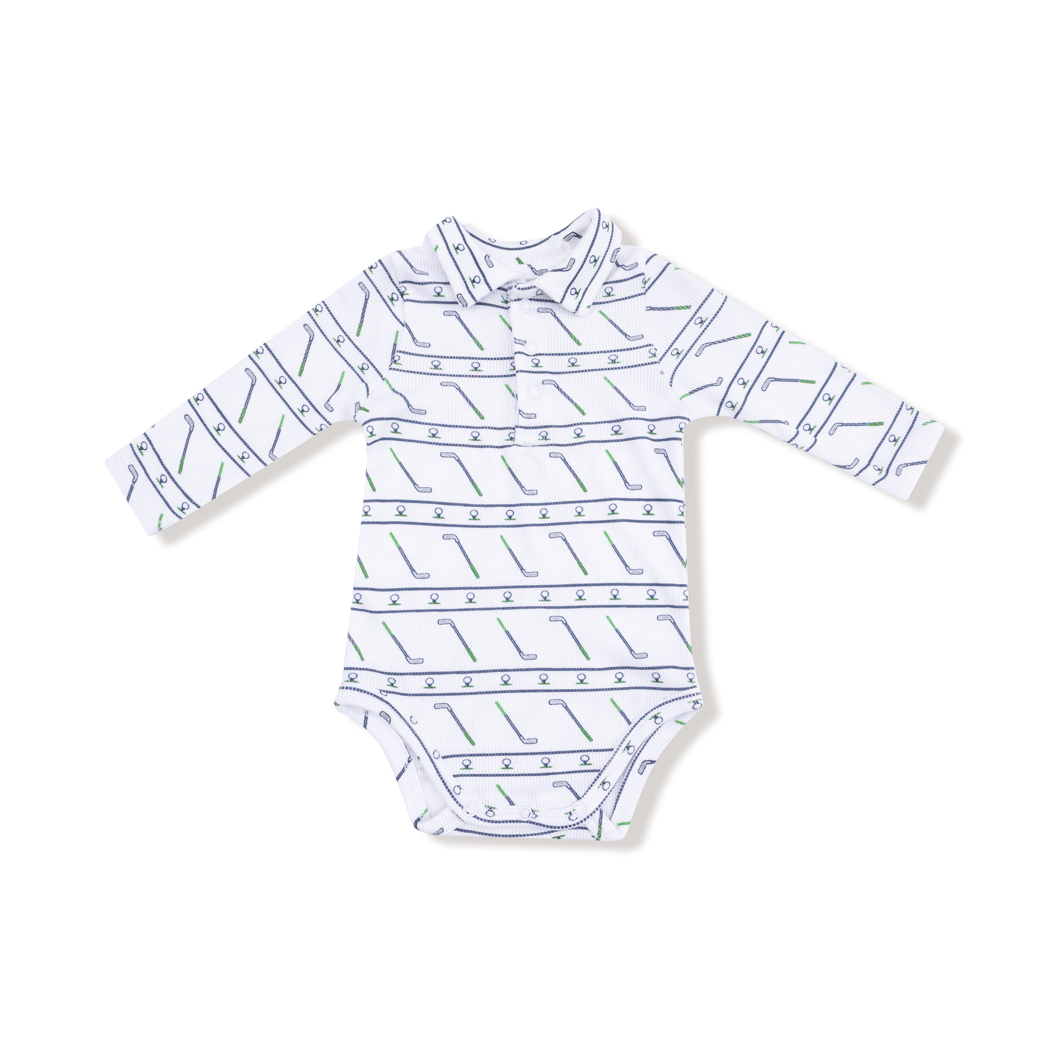 Long Sleeve Polo Bodysuit in our  Golf Club print from Angel Dear