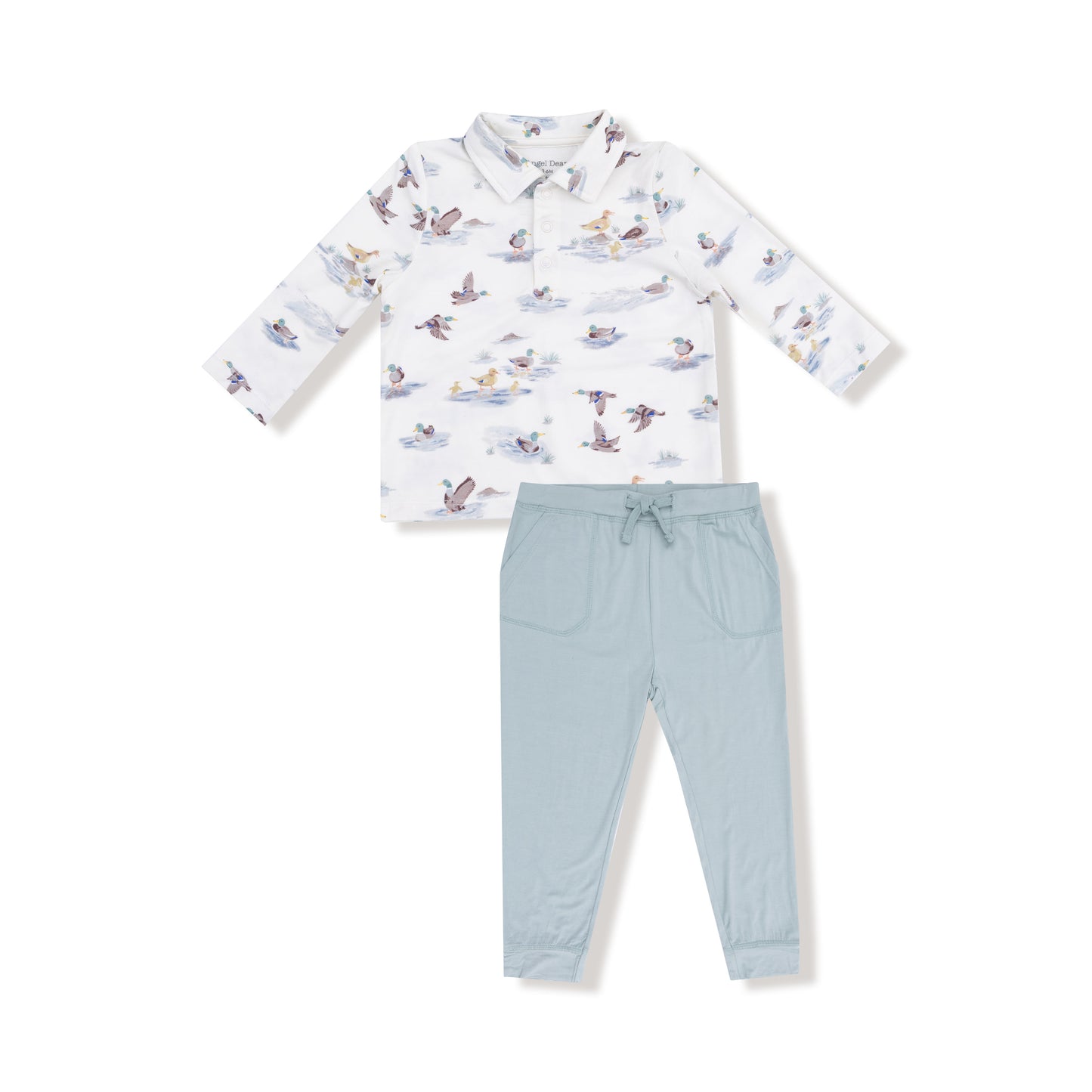 Long Sleeve Polo Shirt with Bamboo Jogger in our  Migrating Mallards print from Angel Dear