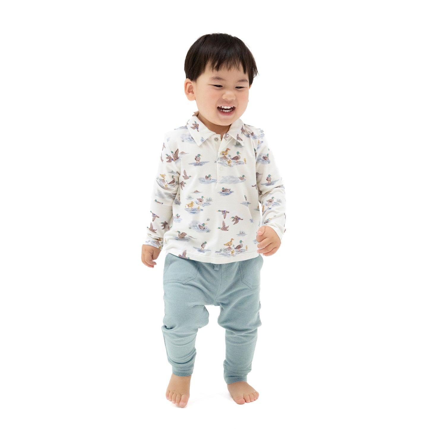 Long Sleeve Polo Shirt with Bamboo Jogger in our  Migrating Mallards print from Angel Dear