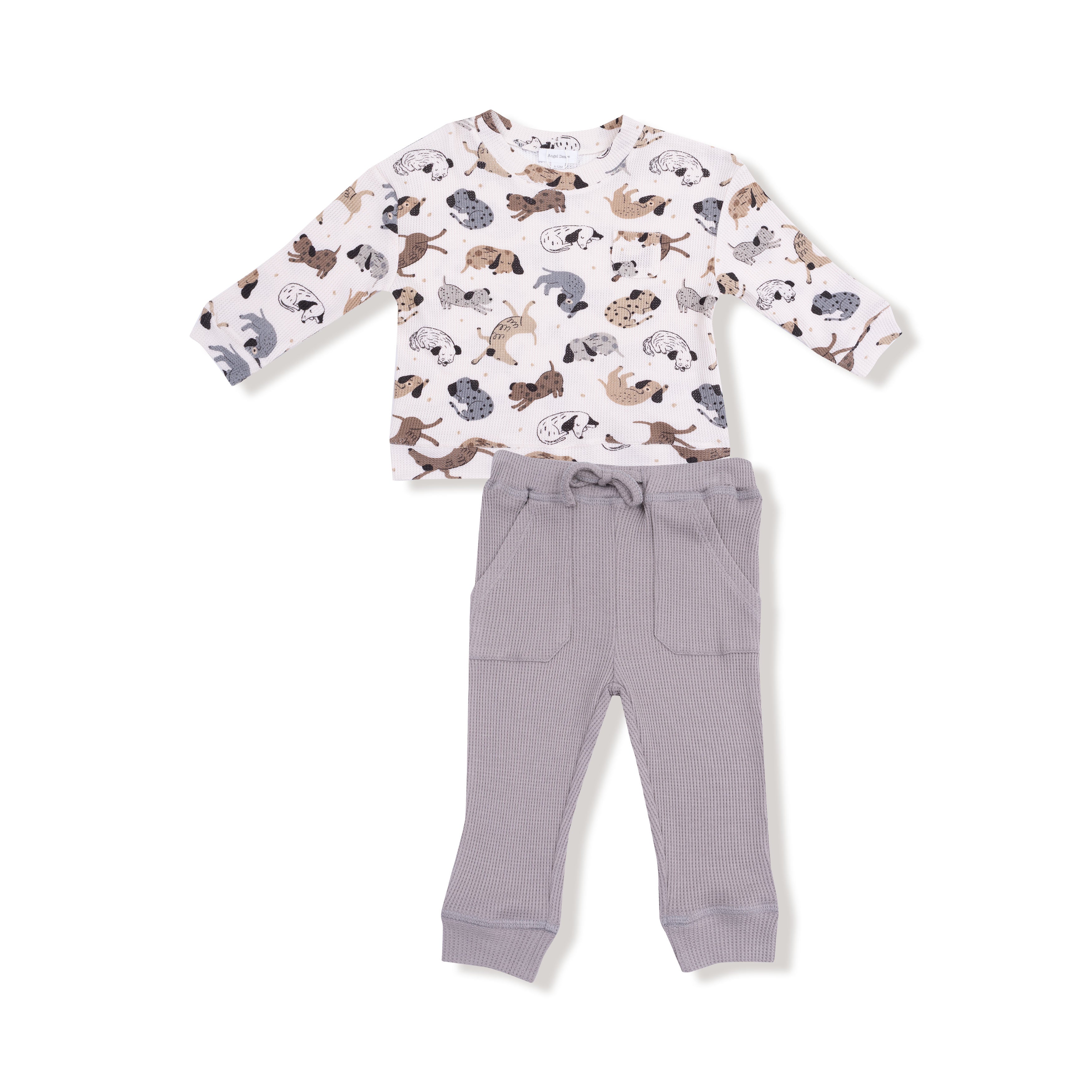 Drop Sleeve Waffle Top with Waffle Jogger in our  Cozy Pups print from Angel Dear