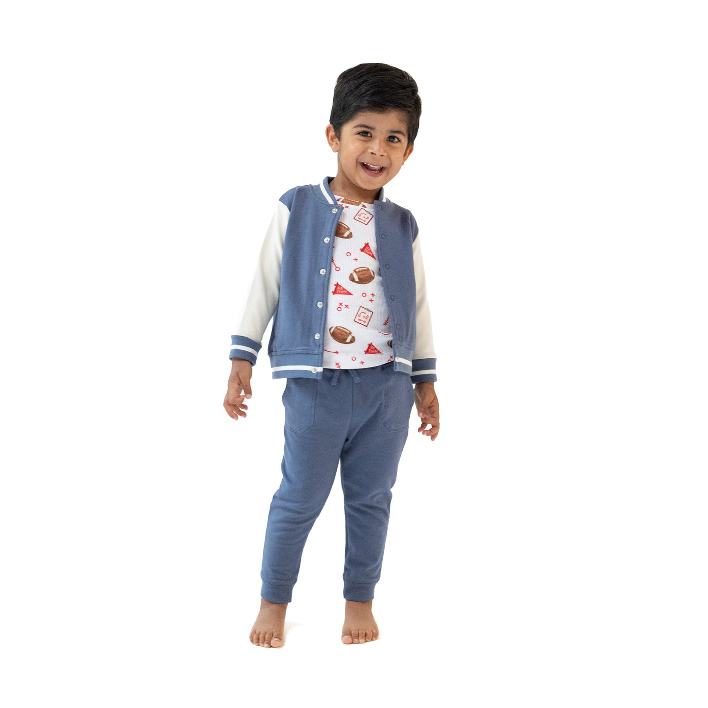 Letterman Jacket in our  Varsity - Vintage Indigo print from Angel Dear