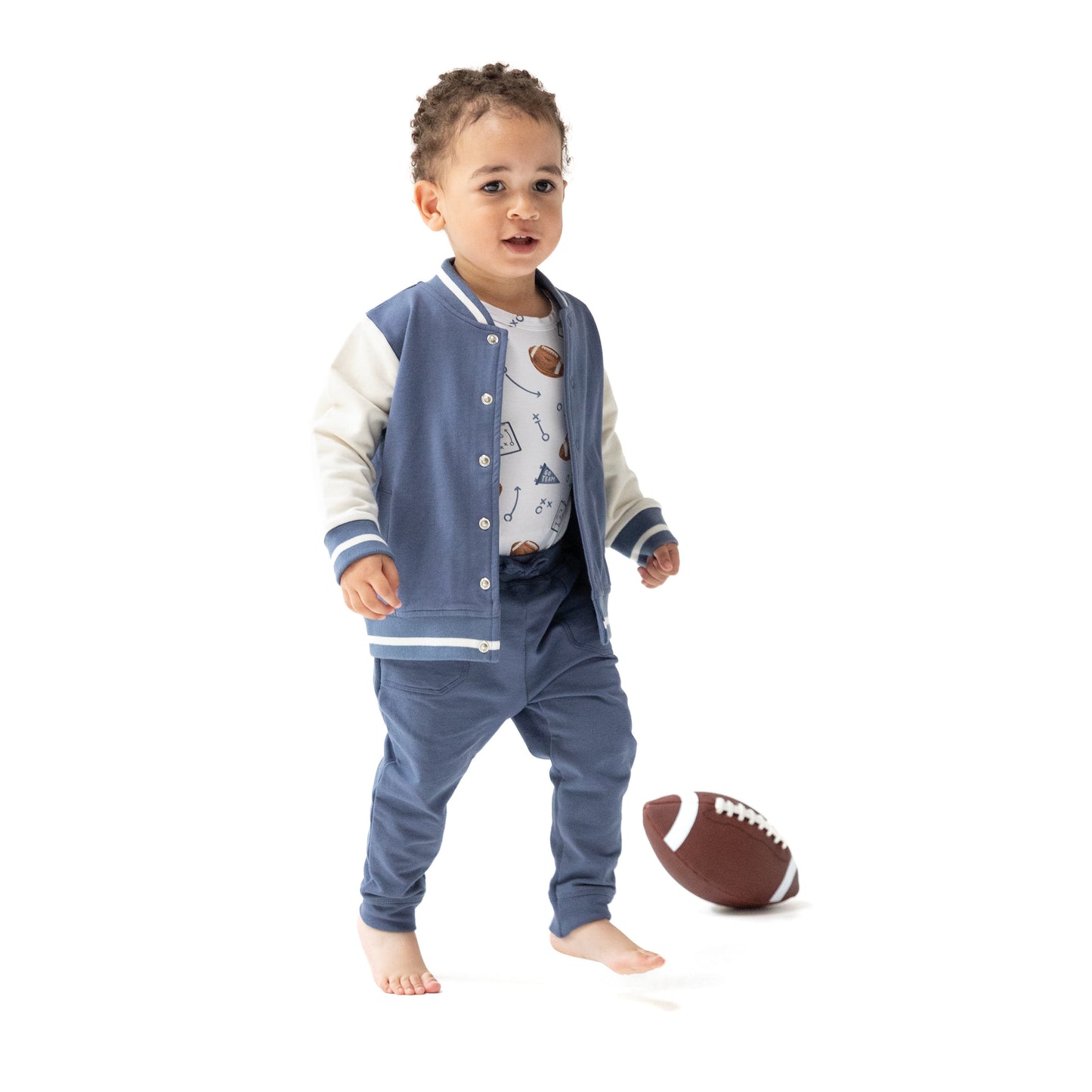 Letterman Jacket in our  Varsity - Vintage Indigo print from Angel Dear