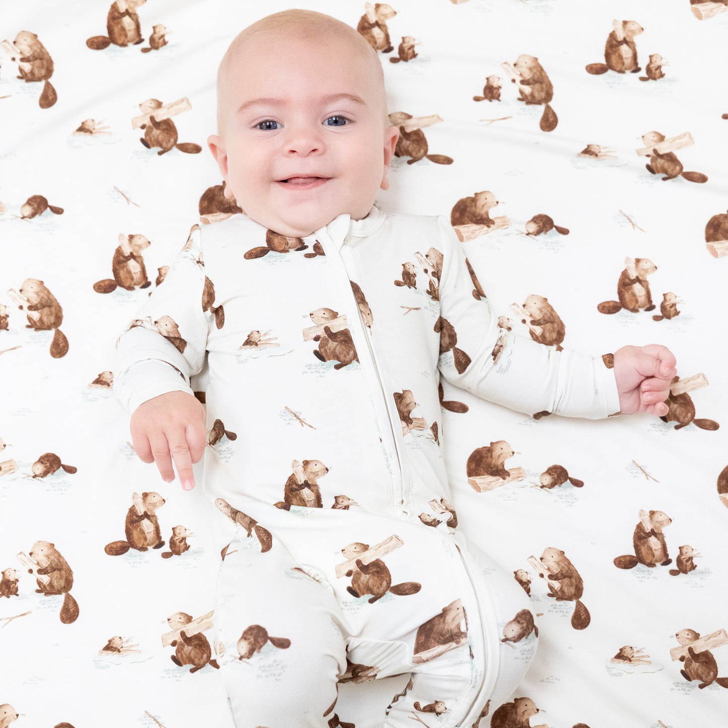 2 Way Zipper Footie in our  Baby Beavers print from Angel Dear