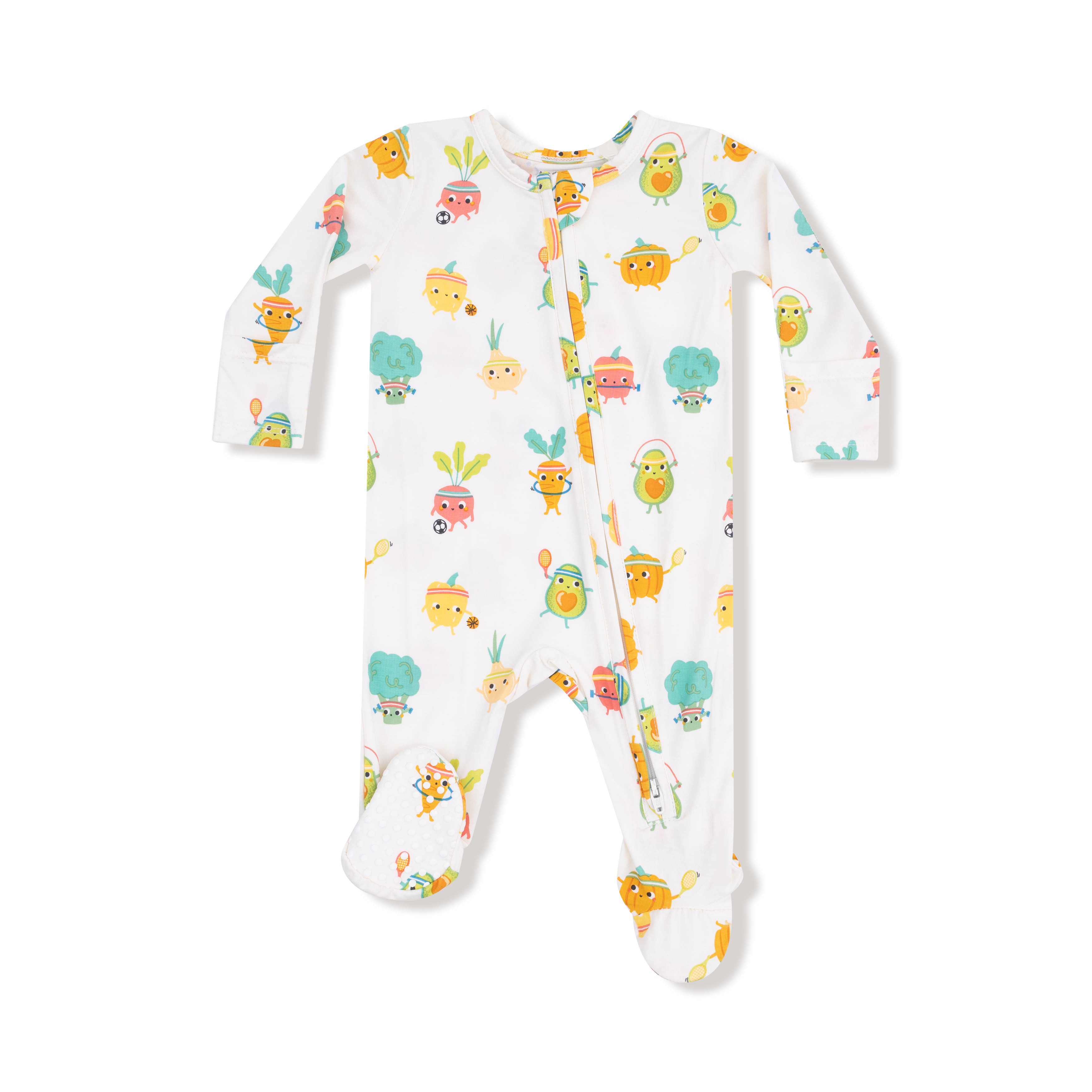 2 Way Zipper Footie in our  Crunch Munch Veggie Sports print from Angel Dear