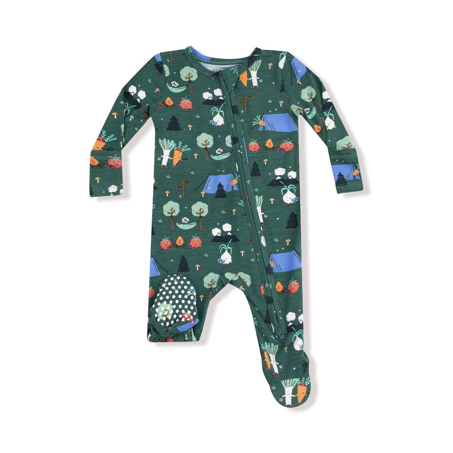 2 Way Zipper Footie in our  Camping Veggies print from Angel Dear