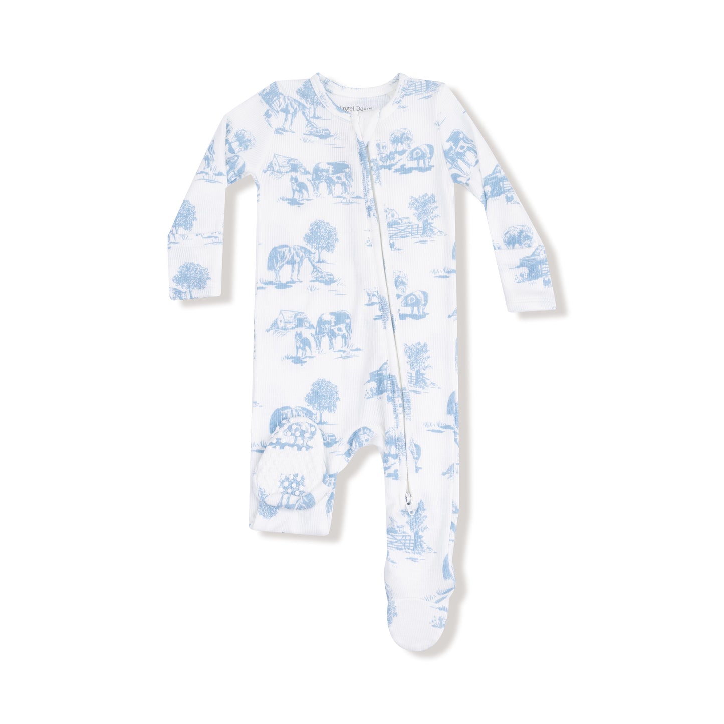 2 Way Zipper Footie in our  Farm Toile - Blue print from Angel Dear
